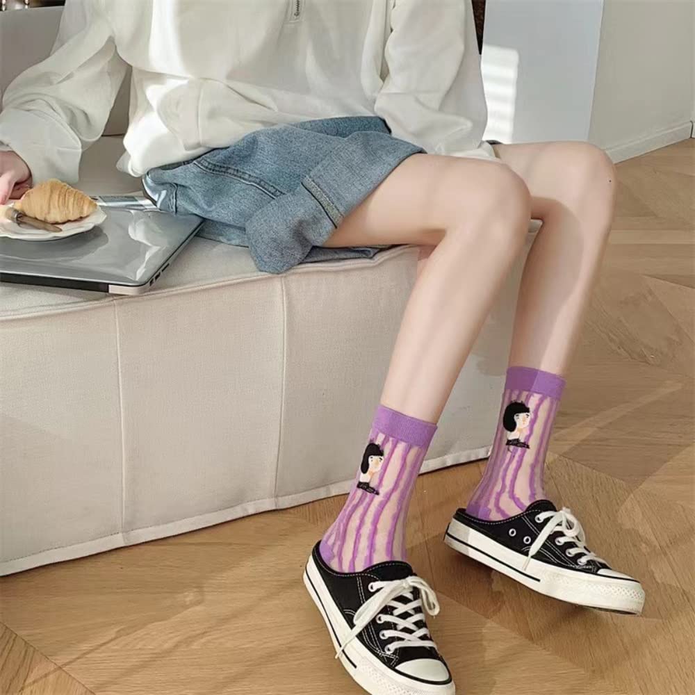 Women's 3-Pack Cute Glass Casual Socks - Summer Thin Purple Striped Breathable Crystal Socks - Novelty Vintage Tube Socks for Daily Wear, Outfits & Gifts