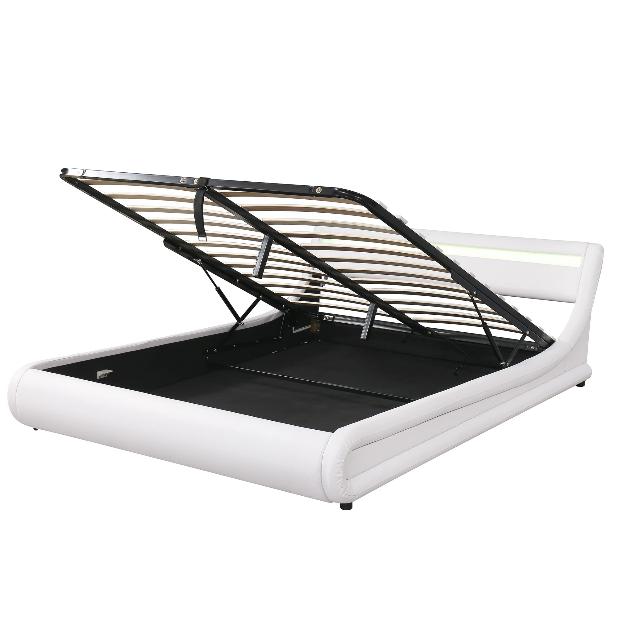 Queen Size Upholstered Leather Bed Frame with Hydraulic Storage & LED Headboard - Wooden Platform Bed with Classic Design & Under Bed Storage (White + Tech Leather-LED) for Modern Bedroom, Guest Room & Master Suite