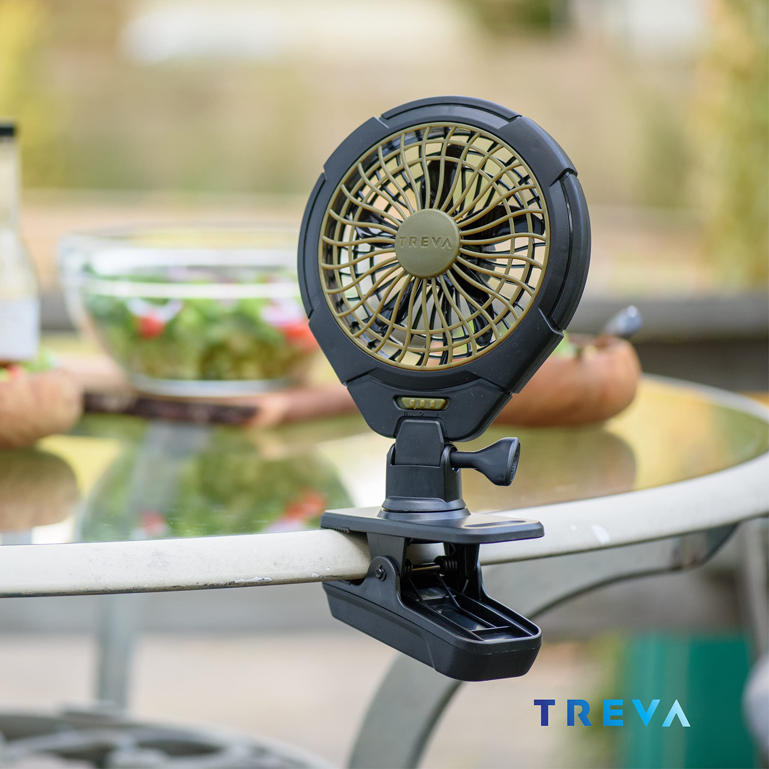 Treva 5 Inch Portable Battery Operated Clip Fan - USB Rechargeable Personal Desk Fan for Travel, Outdoor, Camping, Office & Home Use - Compact Cooling Fan with Strong Clamp for Tents, Strollers & Workstations