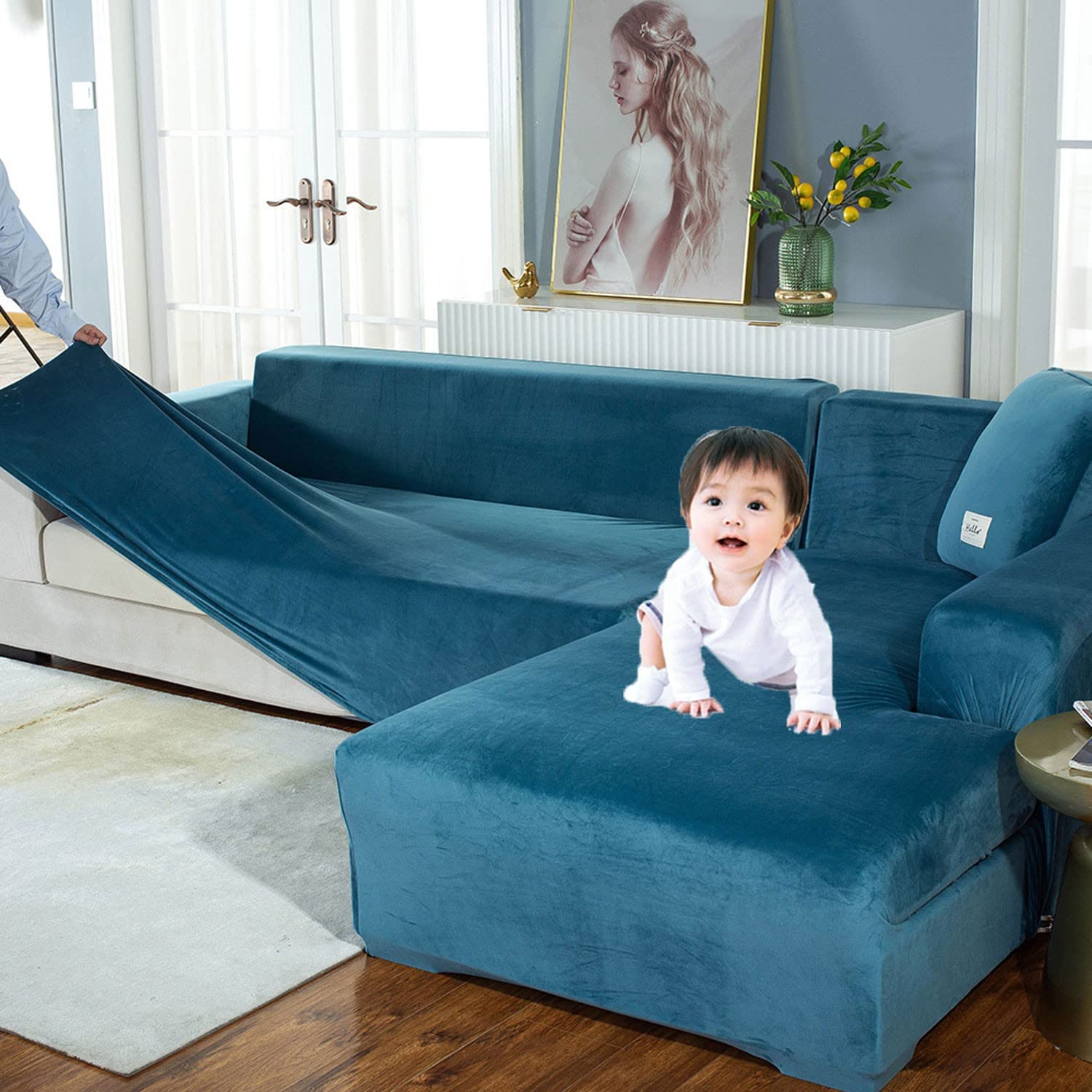 Stretch L-Shaped Sectional Sofa Slipcover - 3 Cushion Couch Cover for Living Room | Pet & Kid Friendly Furniture Protector | Blue 2+2 Seat | Perfect for Family Homes, Apartments & Pet Owners