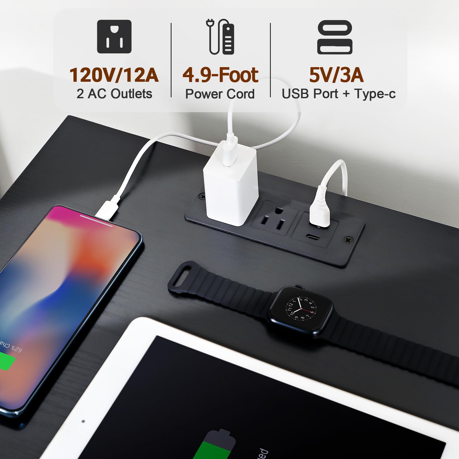 Black Night Stand Set of 2 - Modern LED Bedside Tables with USB-C Charging Station & Power Outlets - 3 Fabric Drawer Storage End Tables for Bedroom, Living Room, or Office (HNS033BK)
