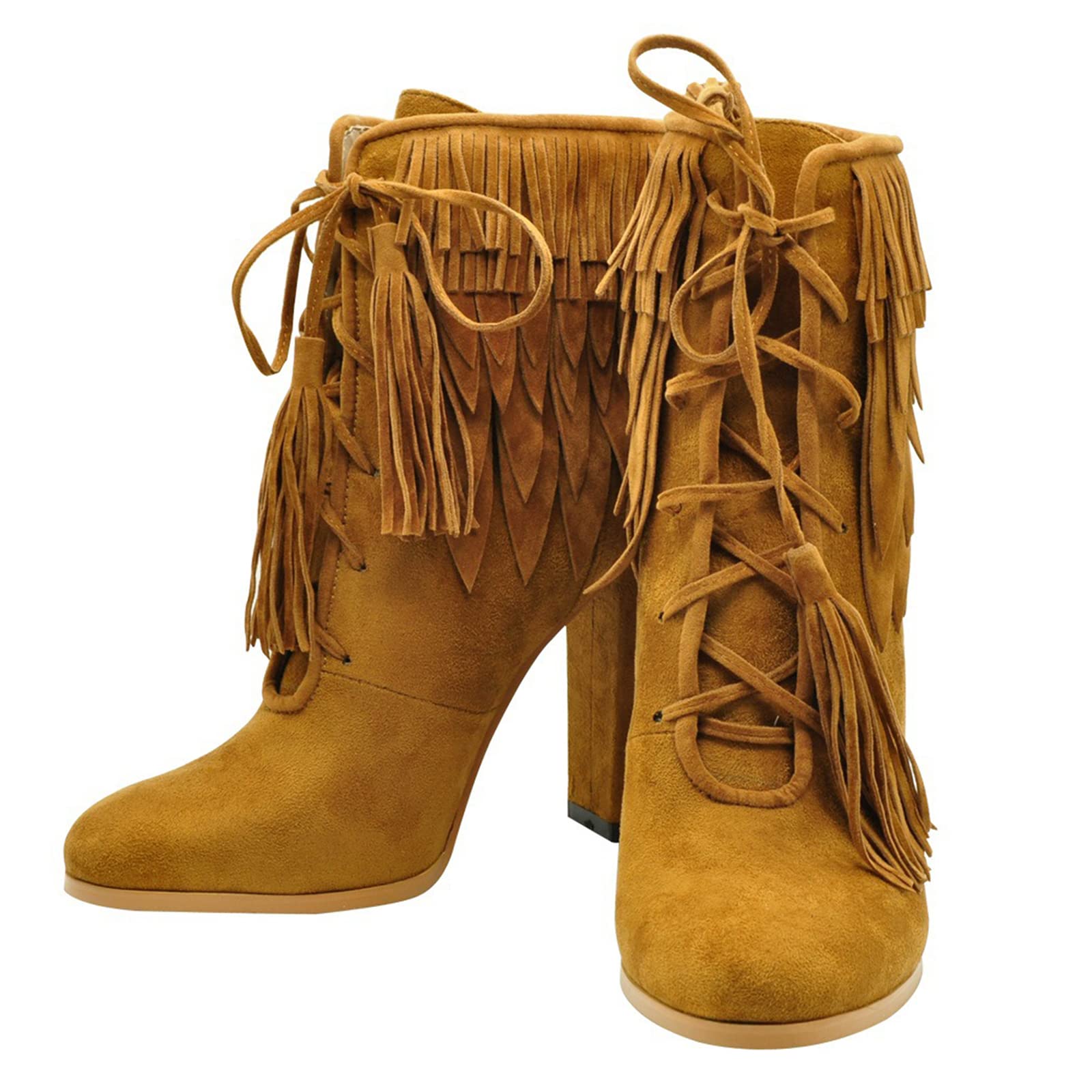 NYPB Women's Western Ankle Boots - High Block Heel Pointed Toe Suede Cowboy Booties with Fringe & Lace Up | Perfect for Country Dancing, Night Out & Fall Fashion