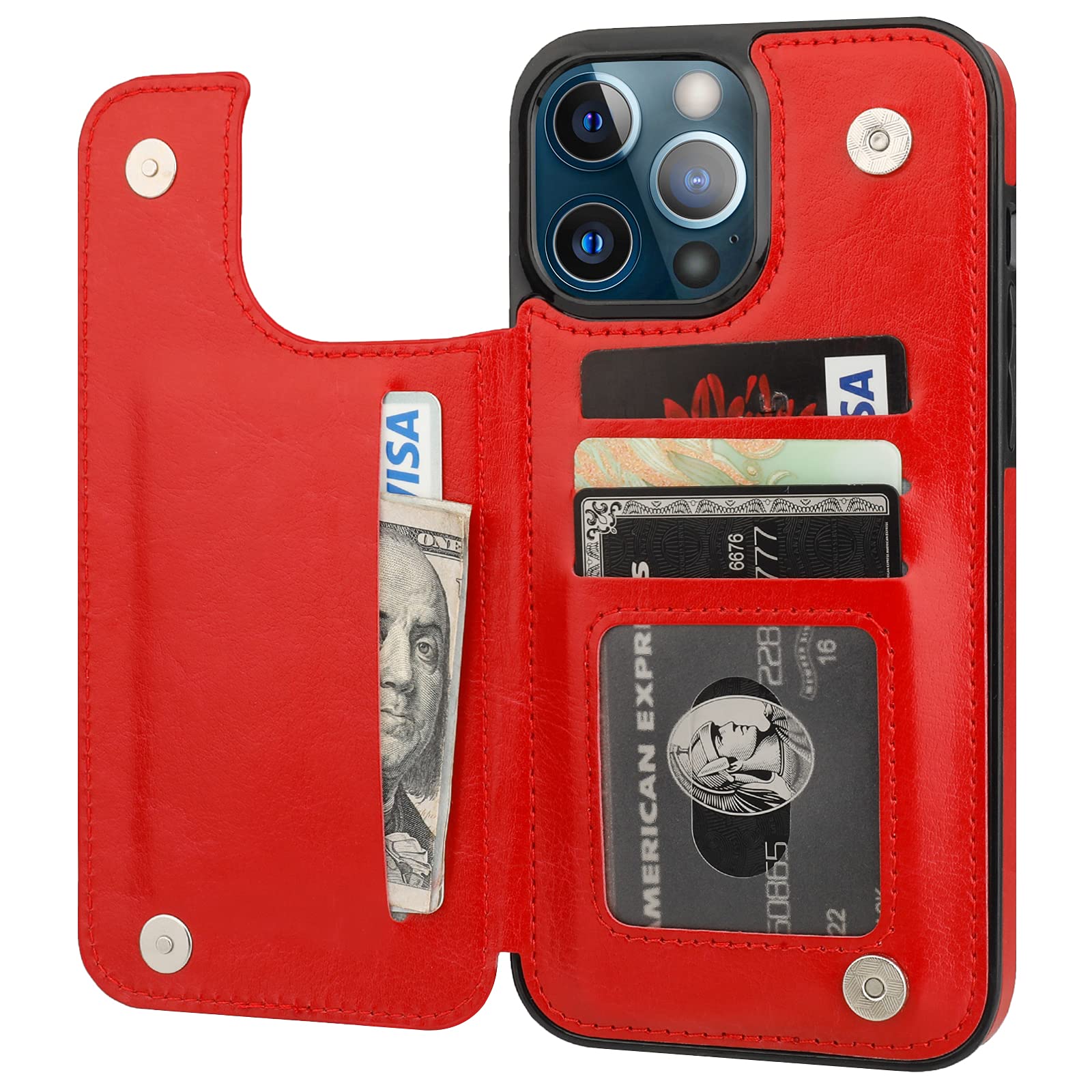 Premium PU Leather iPhone 13 Pro Max Wallet Case with Card Holder & Kickstand - 6.7 Inch Shockproof Cover with Double Magnetic Clasp (Red) - Perfect for Daily Commute, Travel, and Hands-Free Viewing