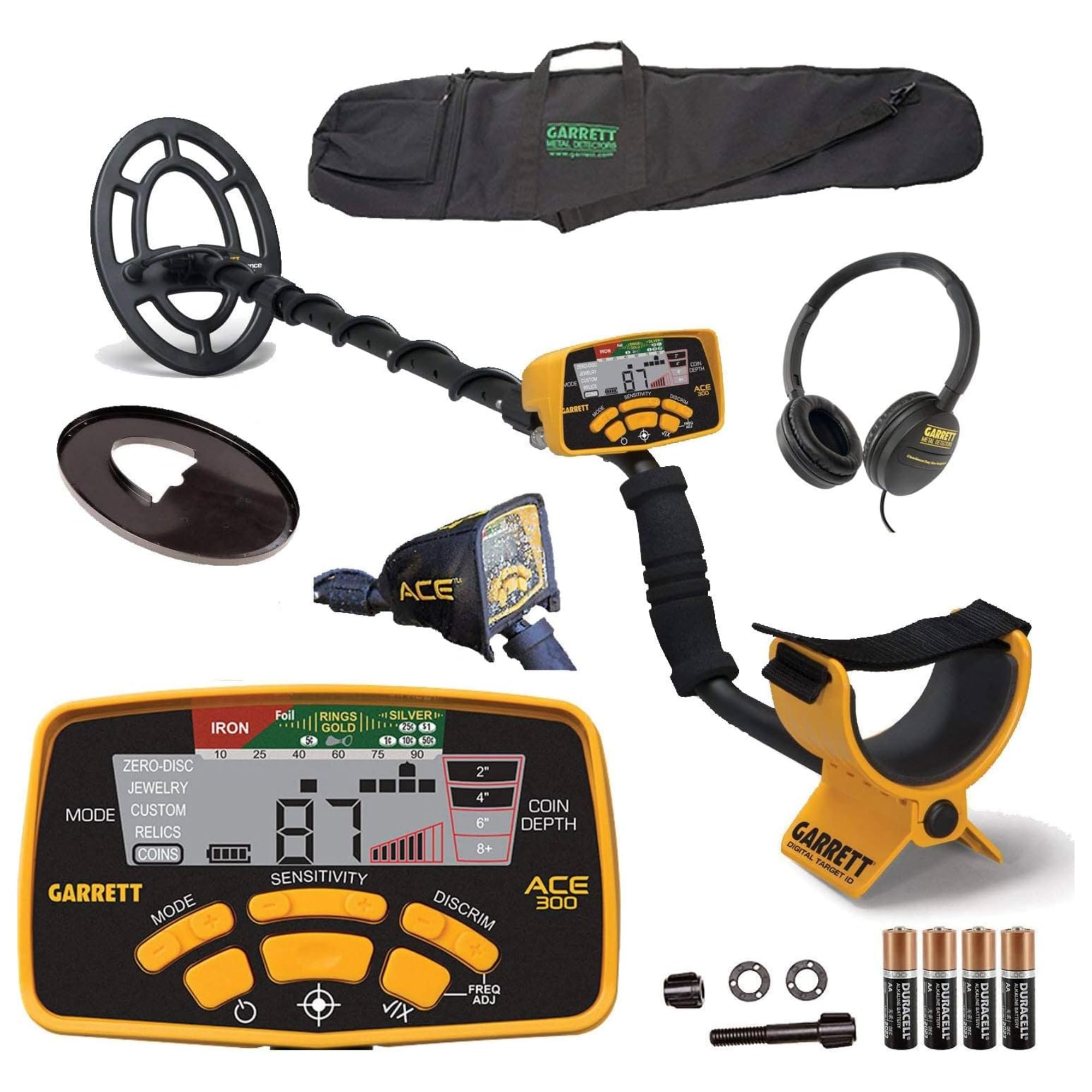 Garrett ACE 300 Metal Detector with Digital Target ID & Iron Resolution - Adjustable Frequency Metal Detector Kit Includes Carry Bag, Headphones & Searchcoil Cover - Perfect for Treasure Hunting, Beach Combing & Coin Shooting