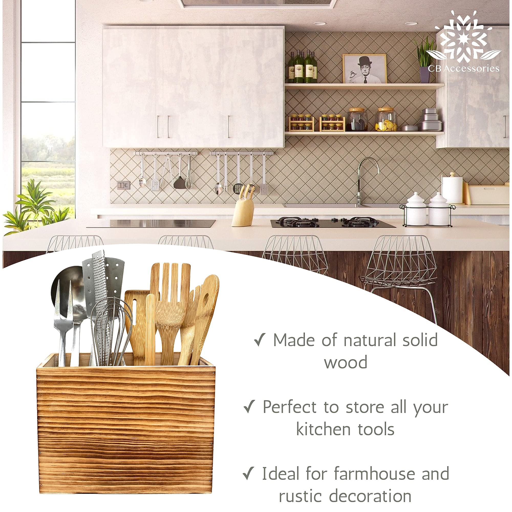 Farmhouse Style Wooden Kitchen Utensil Holder - 2 Compartment Countertop Organizer for Spatulas, Spoons & Cooking Tools - Rustic Kitchen Decor for Counter, Stove or Dining Table Storage