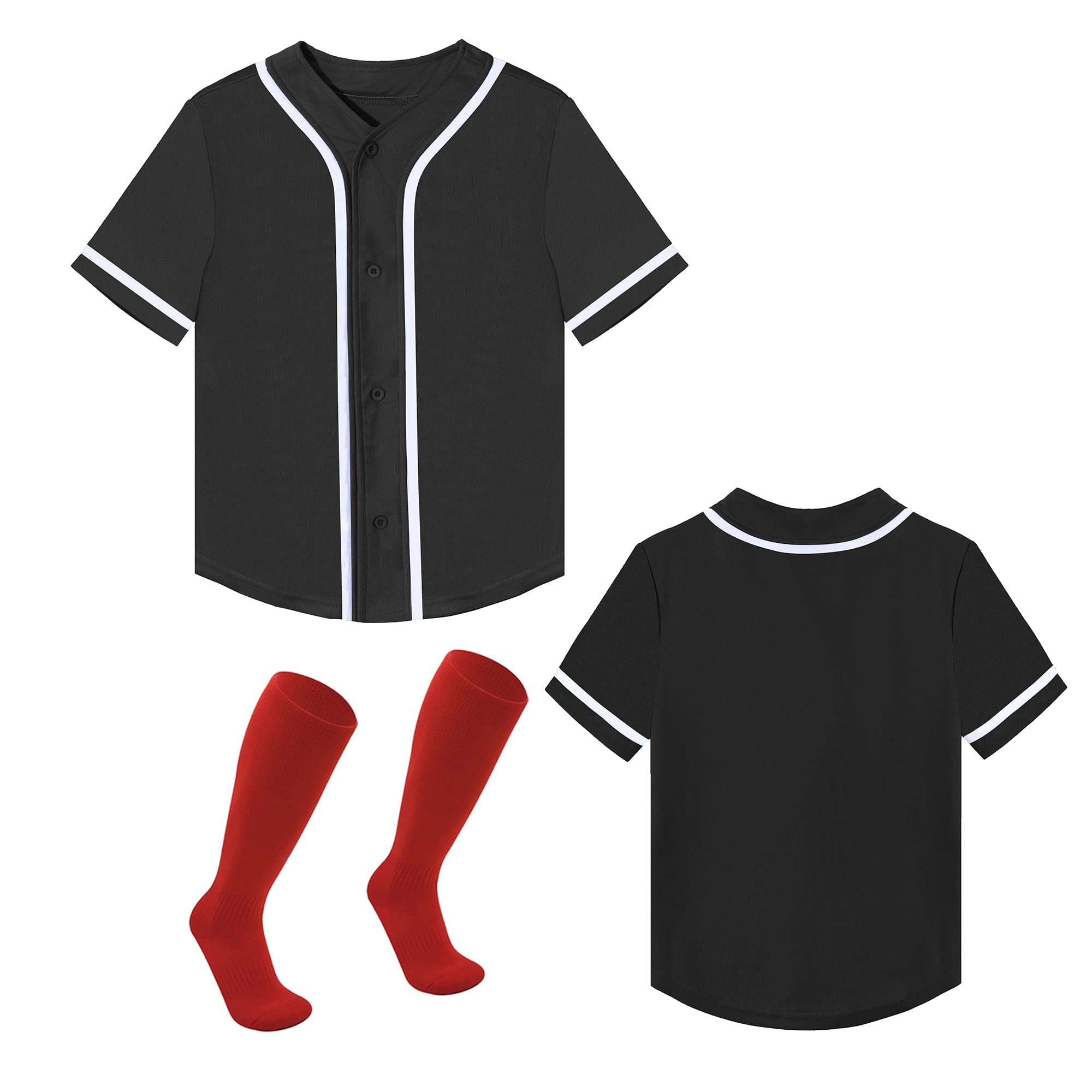BAICAIYU Kids Baseball Jersey & Tube Socks Set - Youth Boys Softball V-Neck Tee with Boneless Socks - Breathable Sports Shirt for Baseball, Softball, Casual Wear - Perfect for Games, Practice & Everyday Play