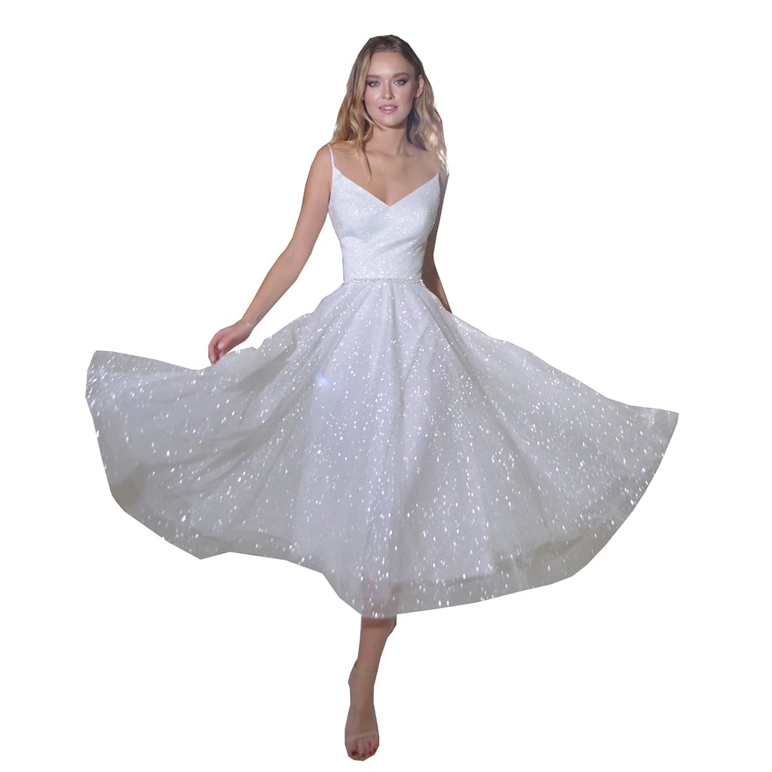 Elegant Women's A-Line Spaghetti Strap V-Neck Glitter Tulle Wedding Dress - Perfect for Bridal Showers, Beach Weddings & Evening Galas