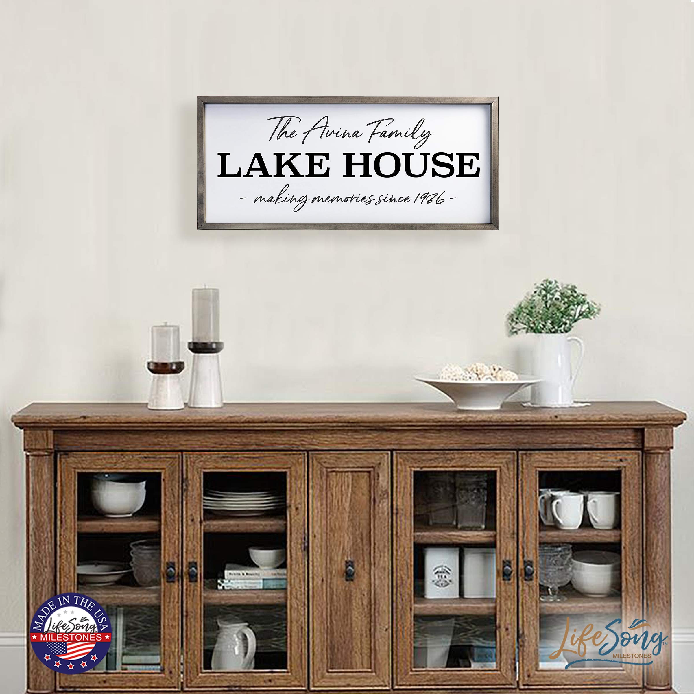LifeSong Milestones Personalized Home Framed Shadow Box - Custom Lake House Memory Gift for Parents, Christian Wall Decor for Husband & Wife - Housewarming Gift, Table & Shelf Decor 13x30 (Gray) - Perfect for Anniversaries, Weddings & Family Keepsakes