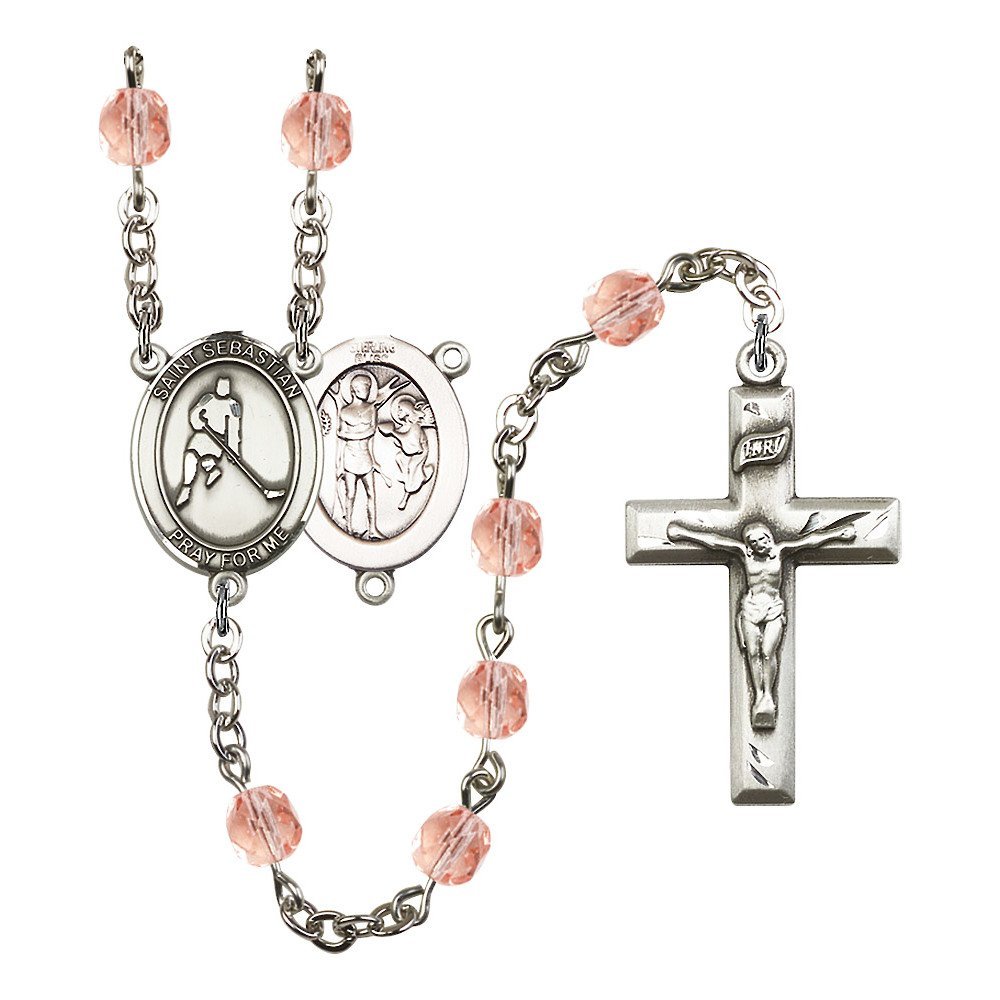Bonyak St. Sebastian Ice Hockey Player Silver Plated Rosary Necklace - Birthstone Colors for All Months | Religious Jewelry Gift for Athletes & Hockey Fans