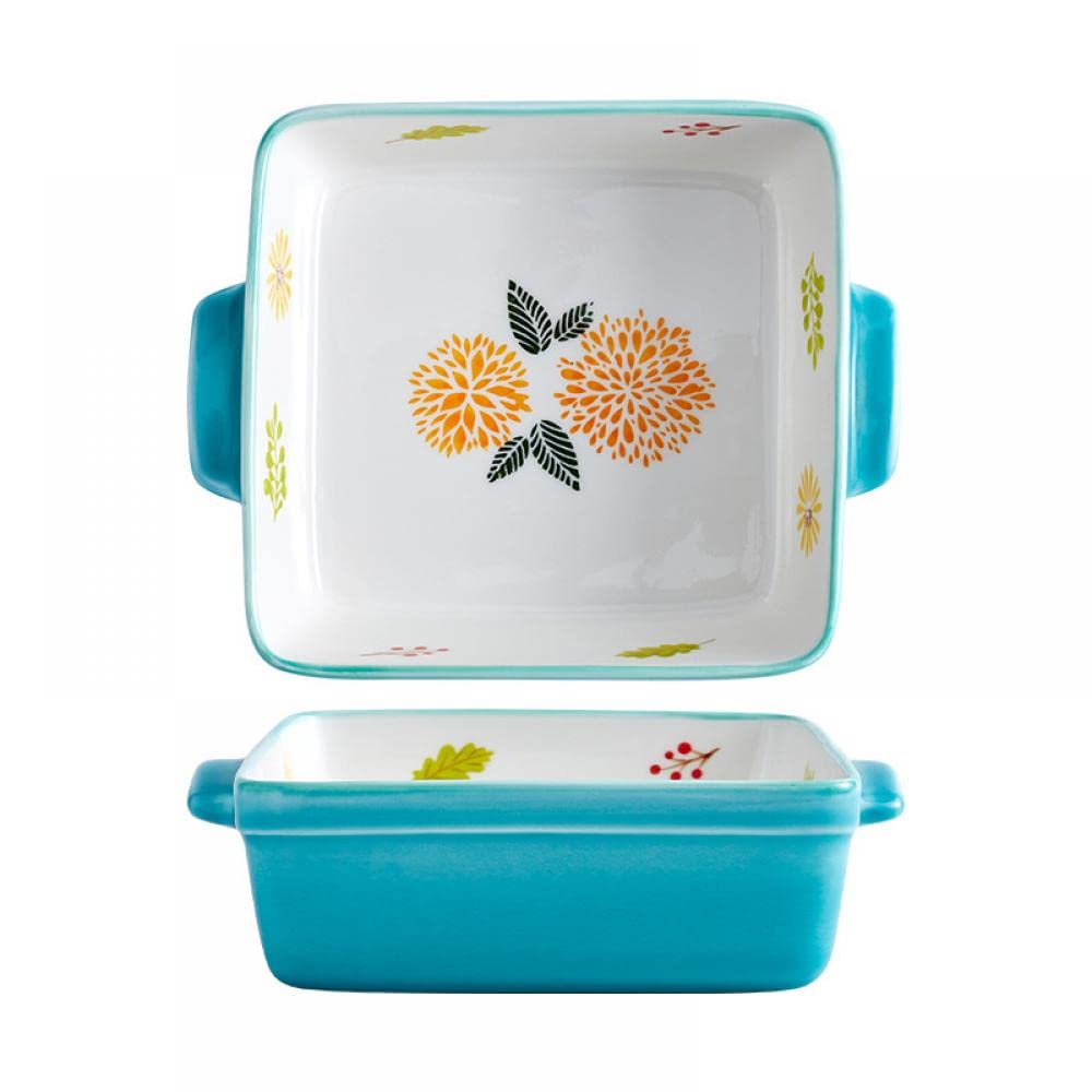 Bicuzat 7.5 Inch Ceramic Baking Dish with Handles - Hand-painted Flower Design Brownie Pan, Casserole Dish & Lasagna Pan - Oven to Table Serving Bakeware (Yellow) - Perfect for Baking, Roasting & Holiday Dinner Serving