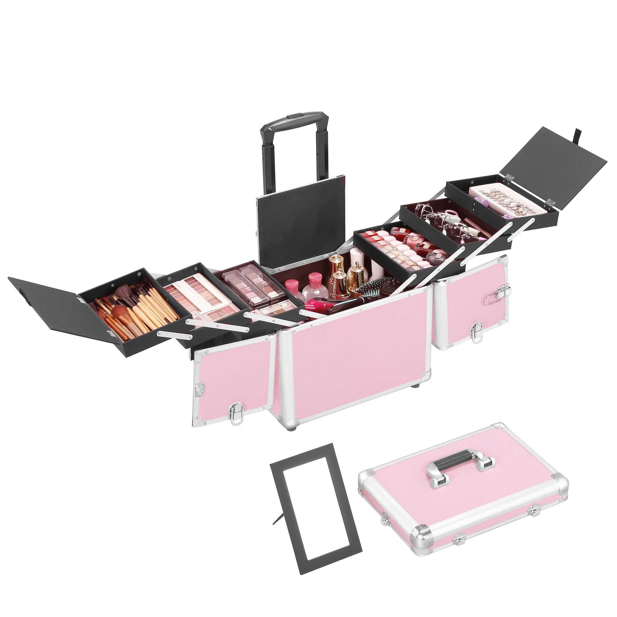Yaheetech Professional Rolling Makeup Train Case - Travel Cosmetic Trolley with Wheels, Beauty Organizer for Makeup Artists & Salon (Pink) | Perfect for Travel, Bridal Makeup & Mobile Beauty Services