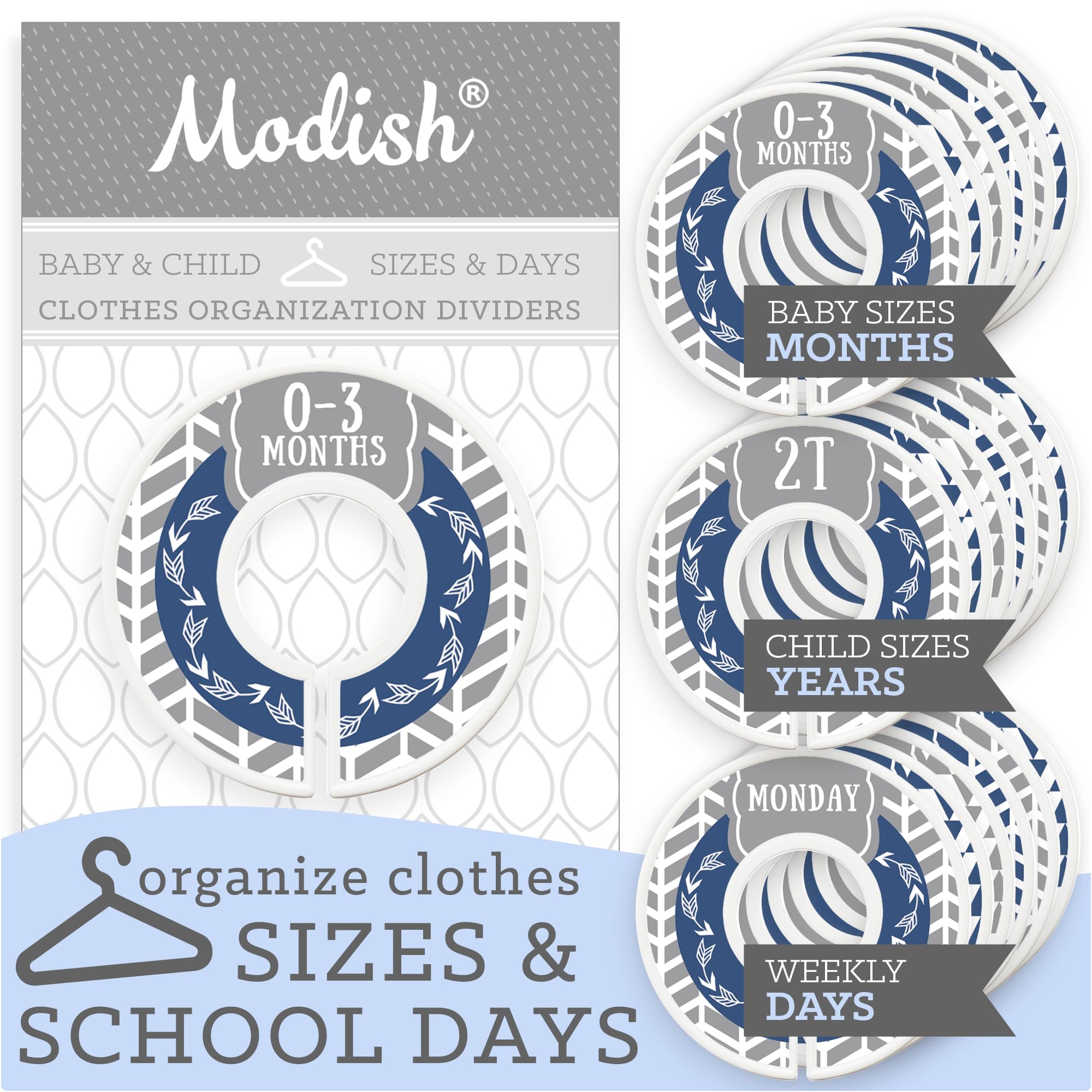 Wooden Baby Clothes Size Dividers & Closet Organizers - Nursery Storage for Boys, Woodland & Tribal Arrow Design in Navy Blue & Gray - Perfect for Nursery Organization & Baby Shower Gifts