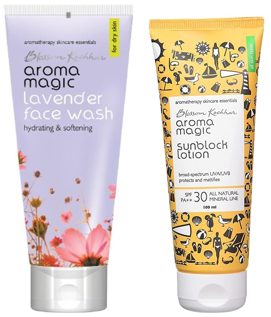 Aroma Magic Lavender Face Wash 100ml & SPF 30 Sunscreen Lotion - Gentle Cleansing & UV Protection for Daily Skincare Routine