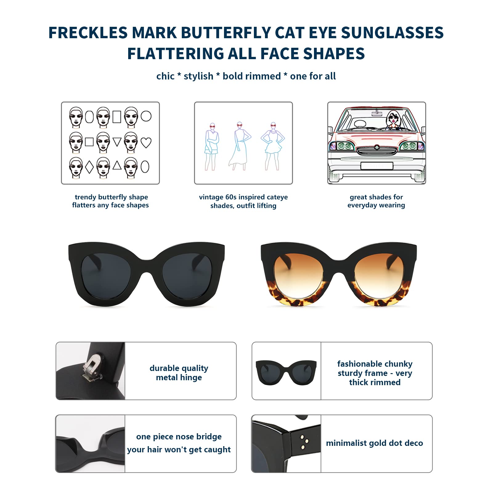 Trendy Butterfly Sunglasses for Women - Round Cat Eye Sun Glasses with Freckles Mark, Thick Frame Fashion Accessory | Perfect for Beach, Summer Outfits & Street Style