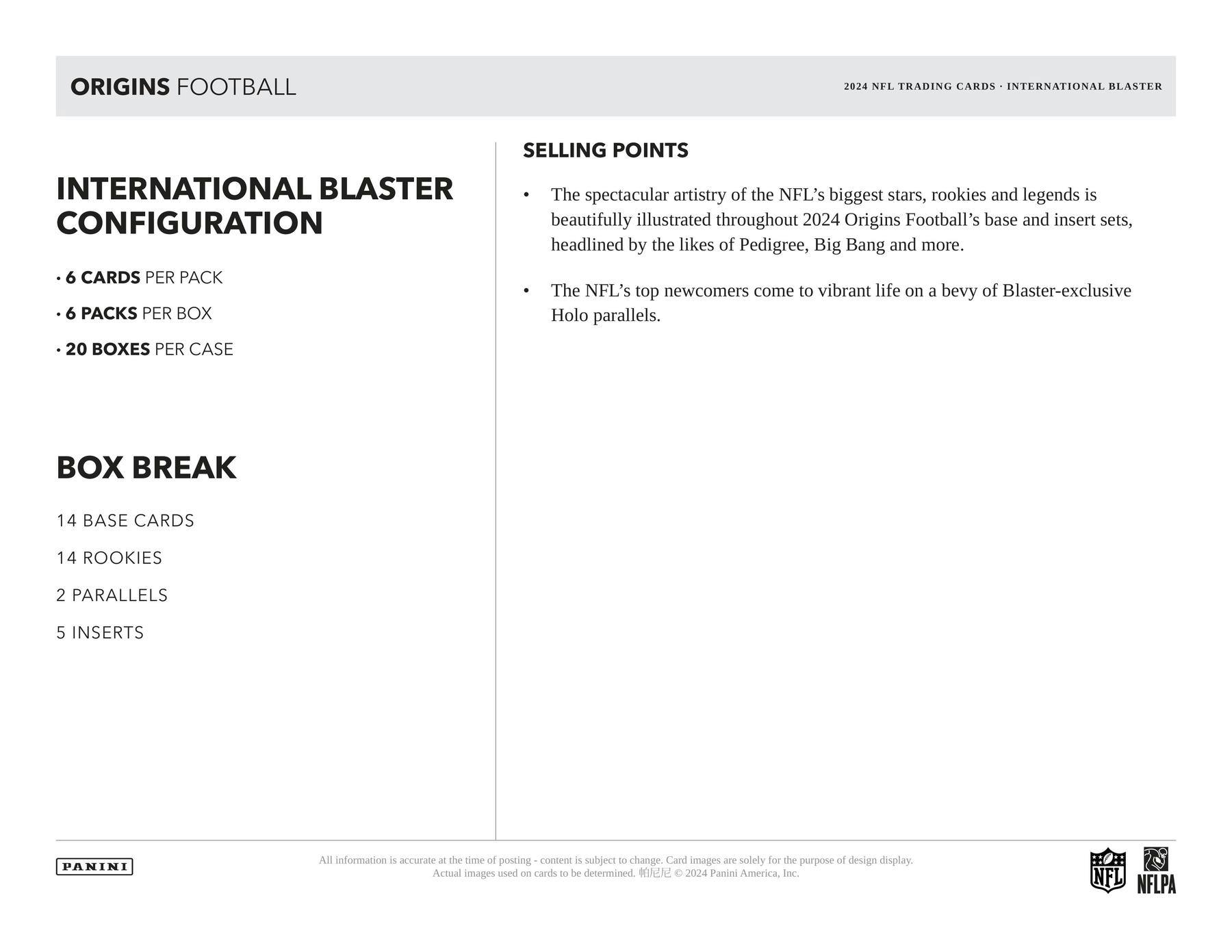 2024 Panini Origins Football International 6-Pack Blaster Box - Collectible Trading Cards for NFL Fans, Perfect for Gifts, Trading & Display