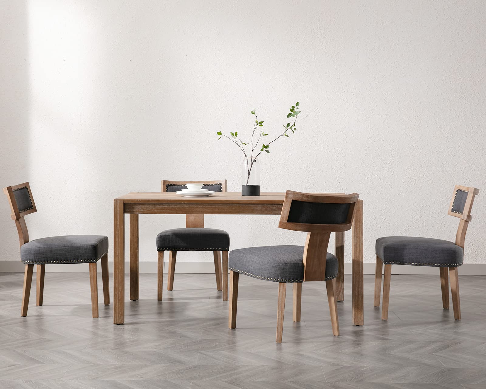 Mid Century Modern Dining Chairs Set of 4 - Farmhouse Style Linen Upholstered Accent Chairs with Curved Nailhead Trim & Hardwood Frame in Charcoal - Perfect for Kitchen, Dining Room, Breakfast Nook and Farmhouse Decor