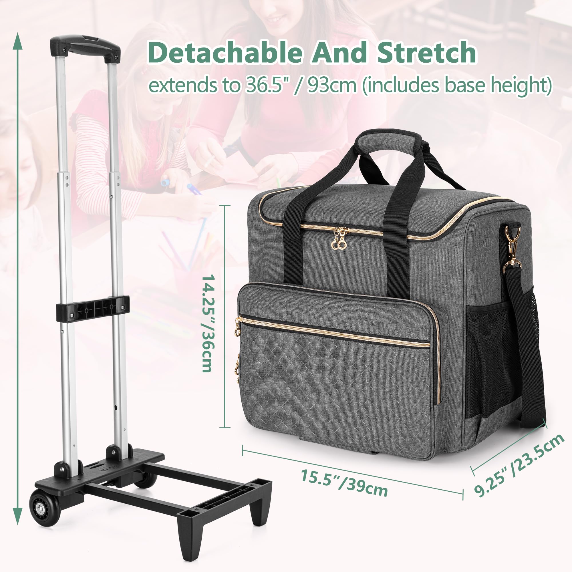 LUXJA Rolling Teacher Bag with Laptop Compartment & Detachable Dolly - Multifunctional Rolling Tote Bag for Educators (Patent Pending) - Gray | Perfect for School, Travel & Work Commute