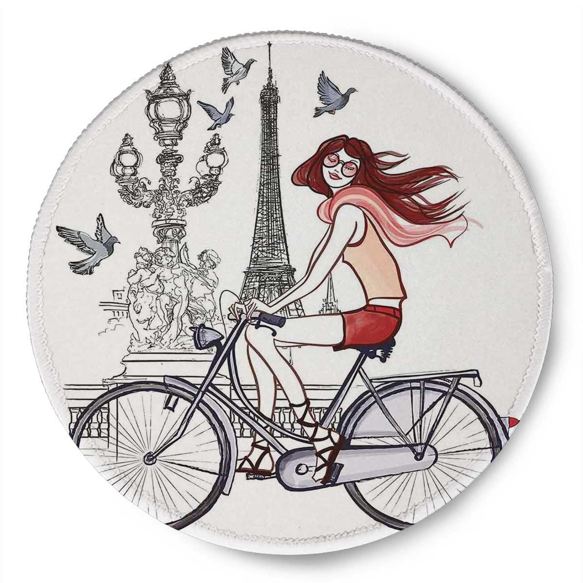 **Waterproof Non-Slip Rubber Mouse Pad Set (7.9×7.9×0.12 inches, 4PCS) - Round Desk Mat for Office, Gaming, or Home Computer Use - Stylish Eiffel Tower & Woman on Bike Design**