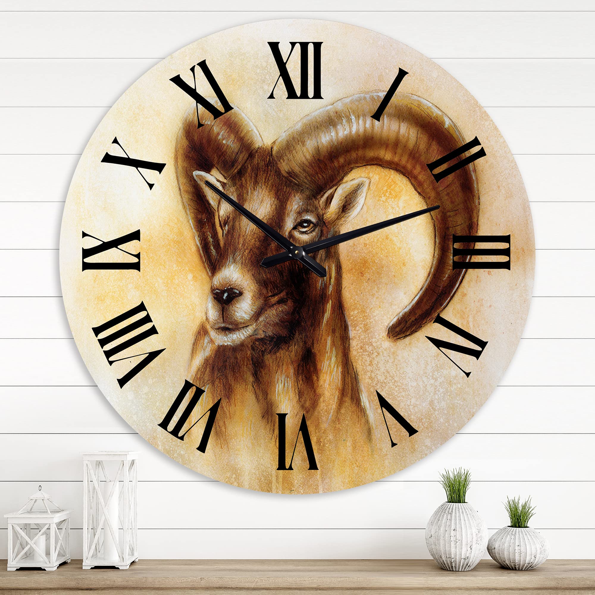 DesignQ Modern Large Wall Clock - Portrait of Wild Ram with Mighty Horns, Animal-Themed Kitchen Decor | Perfect for Living Room, Bedroom & Office Wall Art
