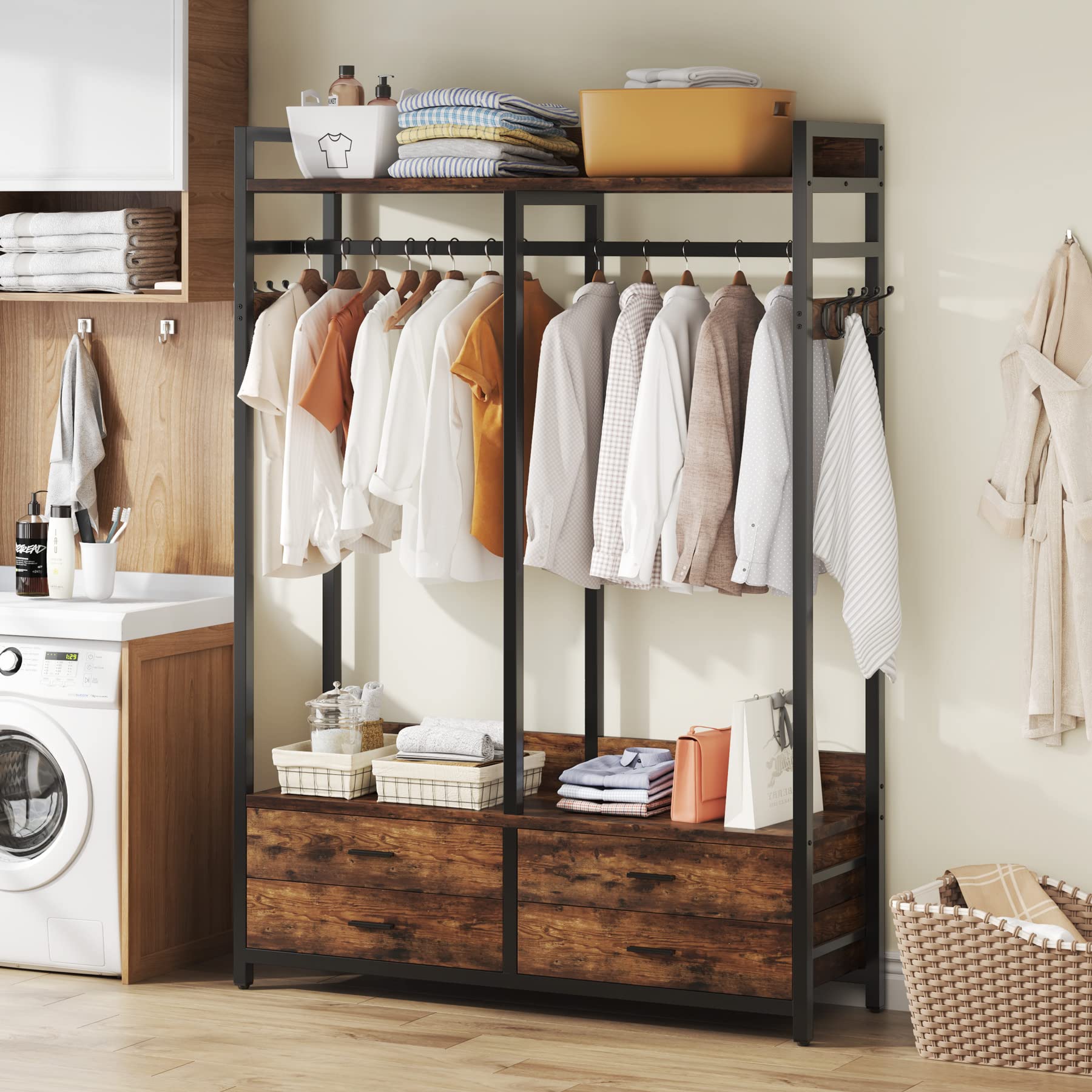 Tribesigns Heavy Duty Freestanding Closet Organizer - Garment Rack with 4 Drawers, 8 Hooks & Storage Shelves - Rustic Brown Wardrobe for Hanging Clothes - Perfect for Bedroom, Living Room & Walk-in Closet Organization