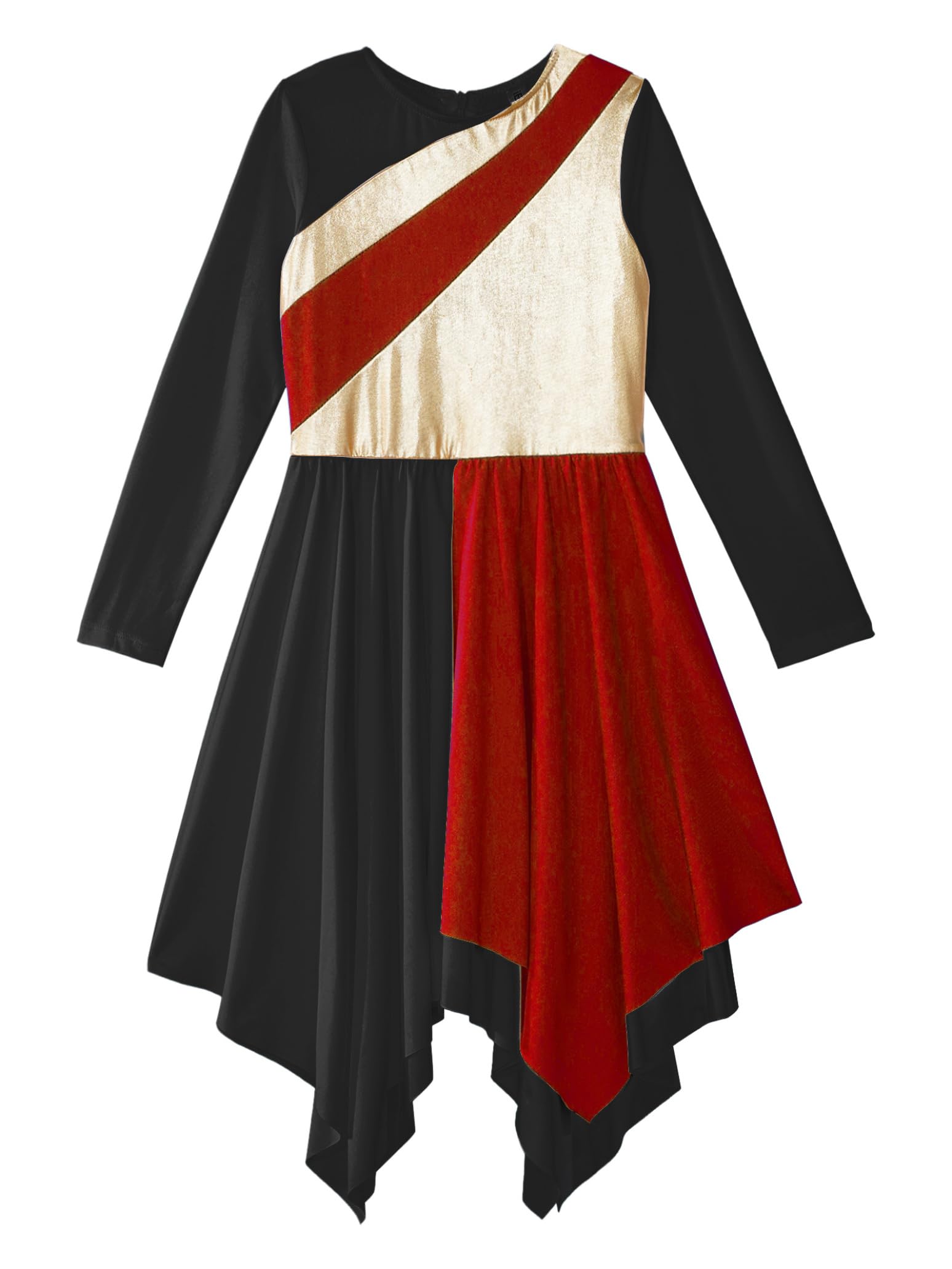 Long Sleeve Praise Dance Dress for Girls - Metallic Liturgical Worship Costume with Asymmetrical Design - Church Choir Robe & Tunic for Performances, Worship Services & Special Events