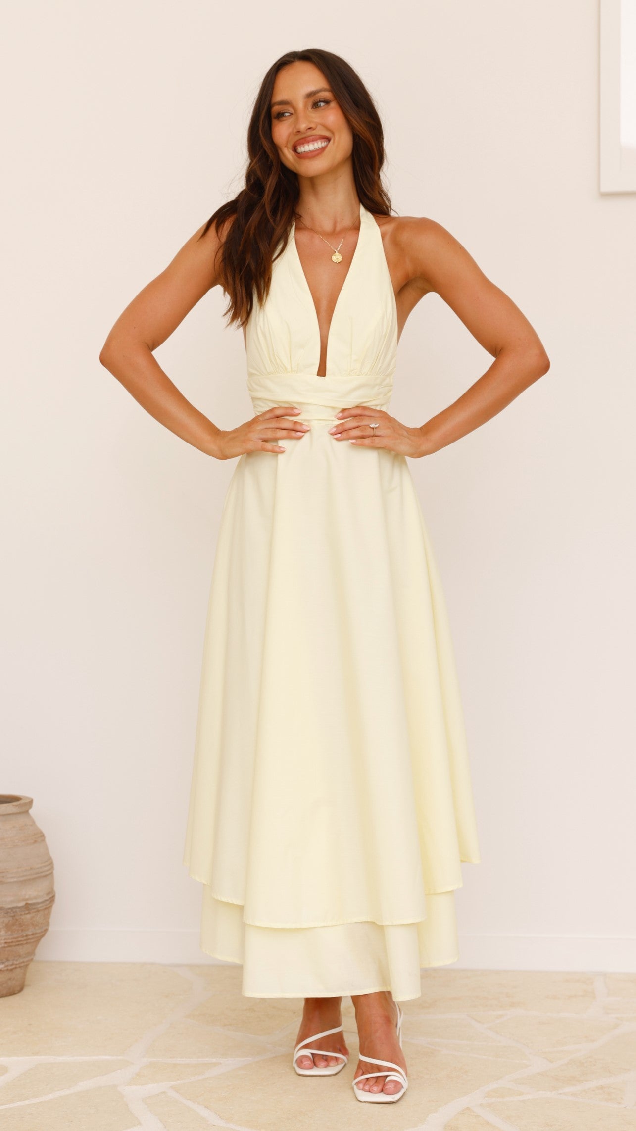 Elegant Kathy Halter Neck Maxi Dress in Lemon Yellow - Perfect for Summer Beach Vacations, Weddings & Date Nights