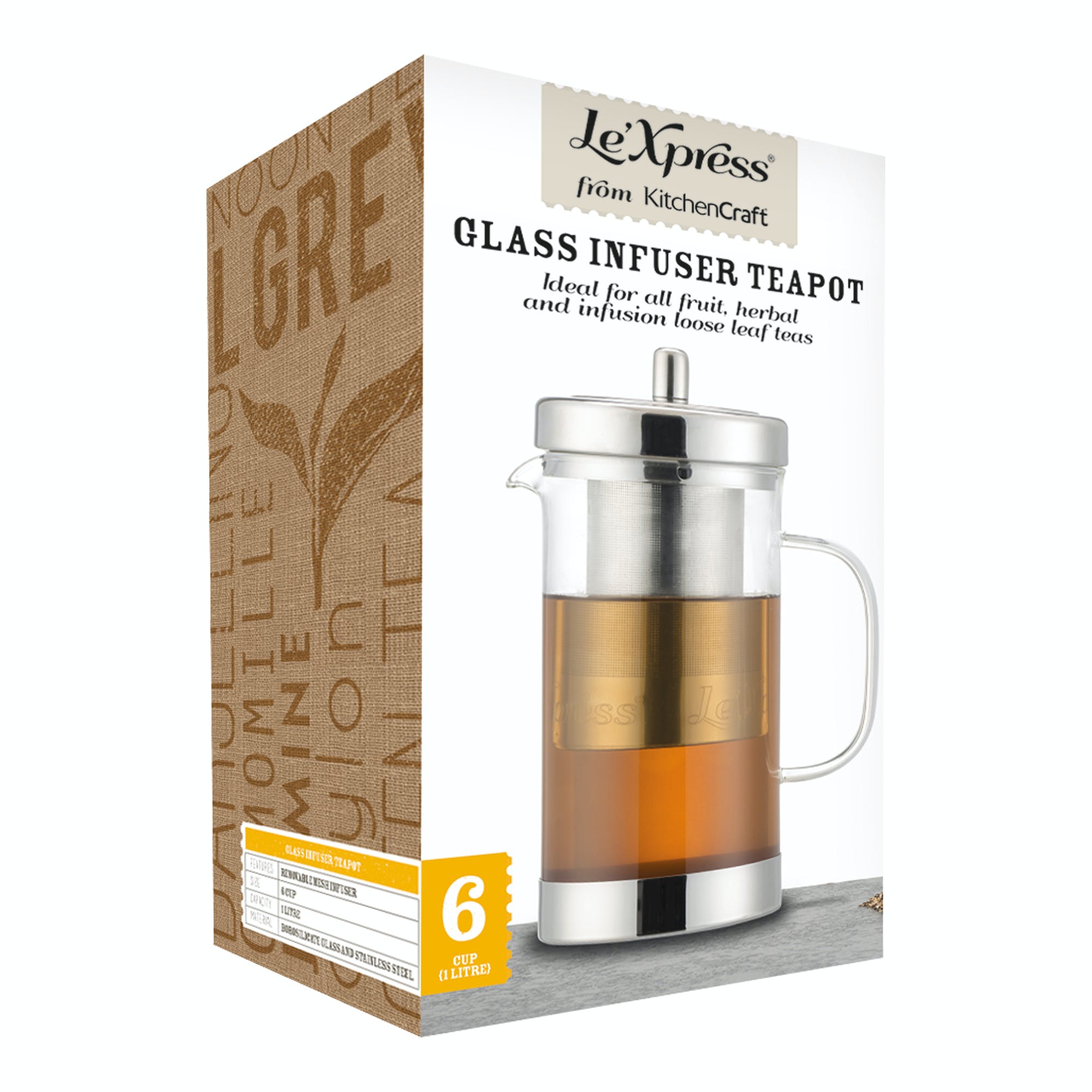 Premium Stainless Steel & Glass Tea Infuser Pot - 1L (6 Cup) Capacity - Ideal for Loose Leaf Tea Brewing at Home or Office