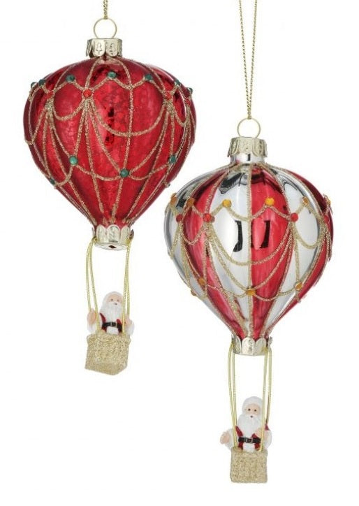 5.5 Inch Red and Gold Glass Santa Claus in Hot Air Balloon Christmas Ornament - Perfect for Holiday Tree Decorations, Gift Giving, and Festive Home Decor