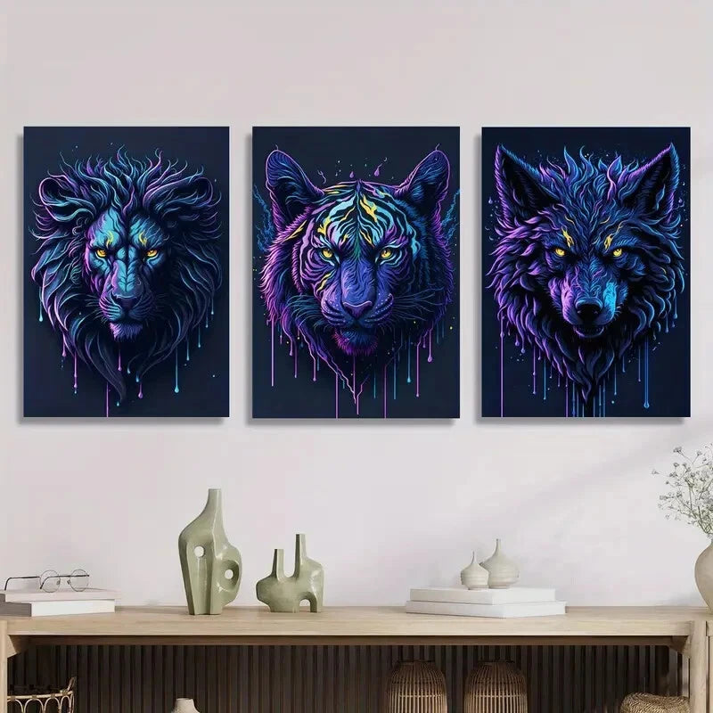 3-Piece Neon Metal Print Wall Art - Lion, Tiger & Wolf Portrait - Ready to Hang - Perfect for Living Room, Bedroom & Office Decor
