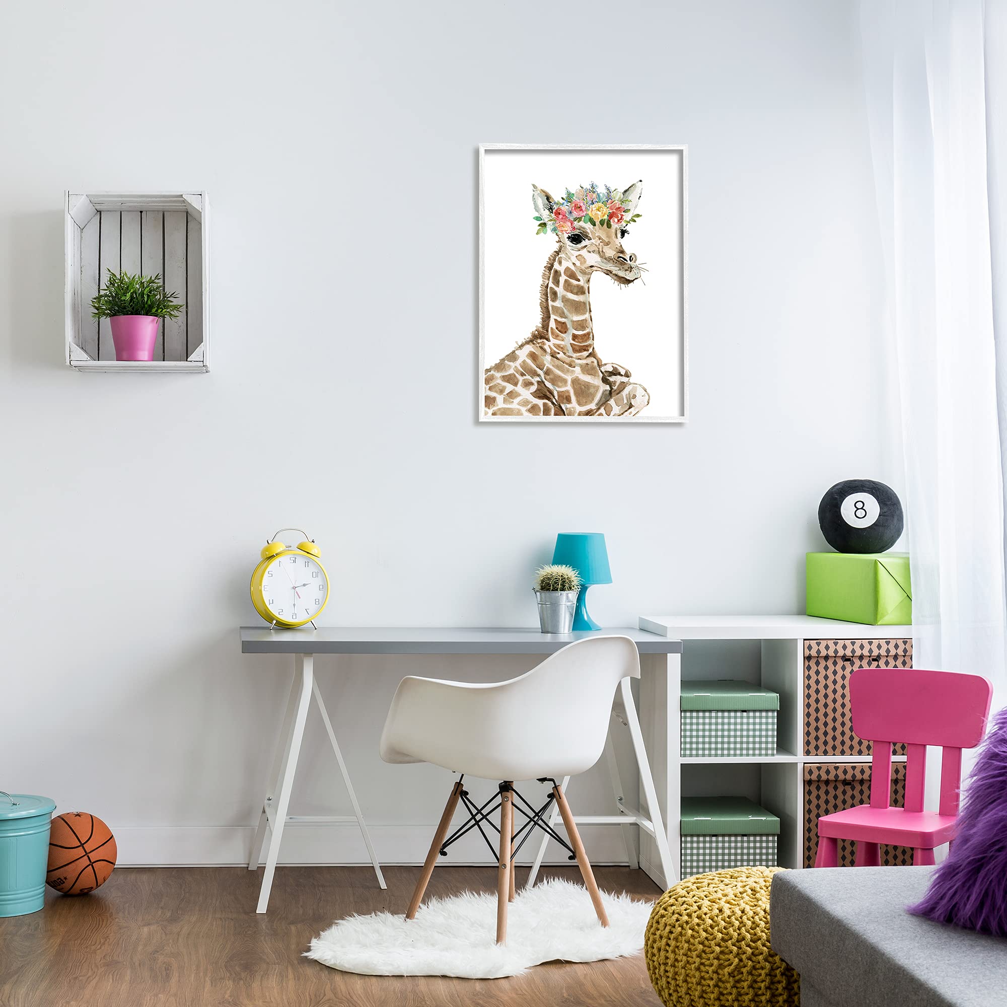 Stupell Industries Baby Giraffe Boho Fashion Spring Floral Crown Wall Art - Designed by Carol Robinson - White Framed Canvas Print 24x30 Inches - Brown Nursery Decor for Baby Room, Kids Bedroom & Playroom