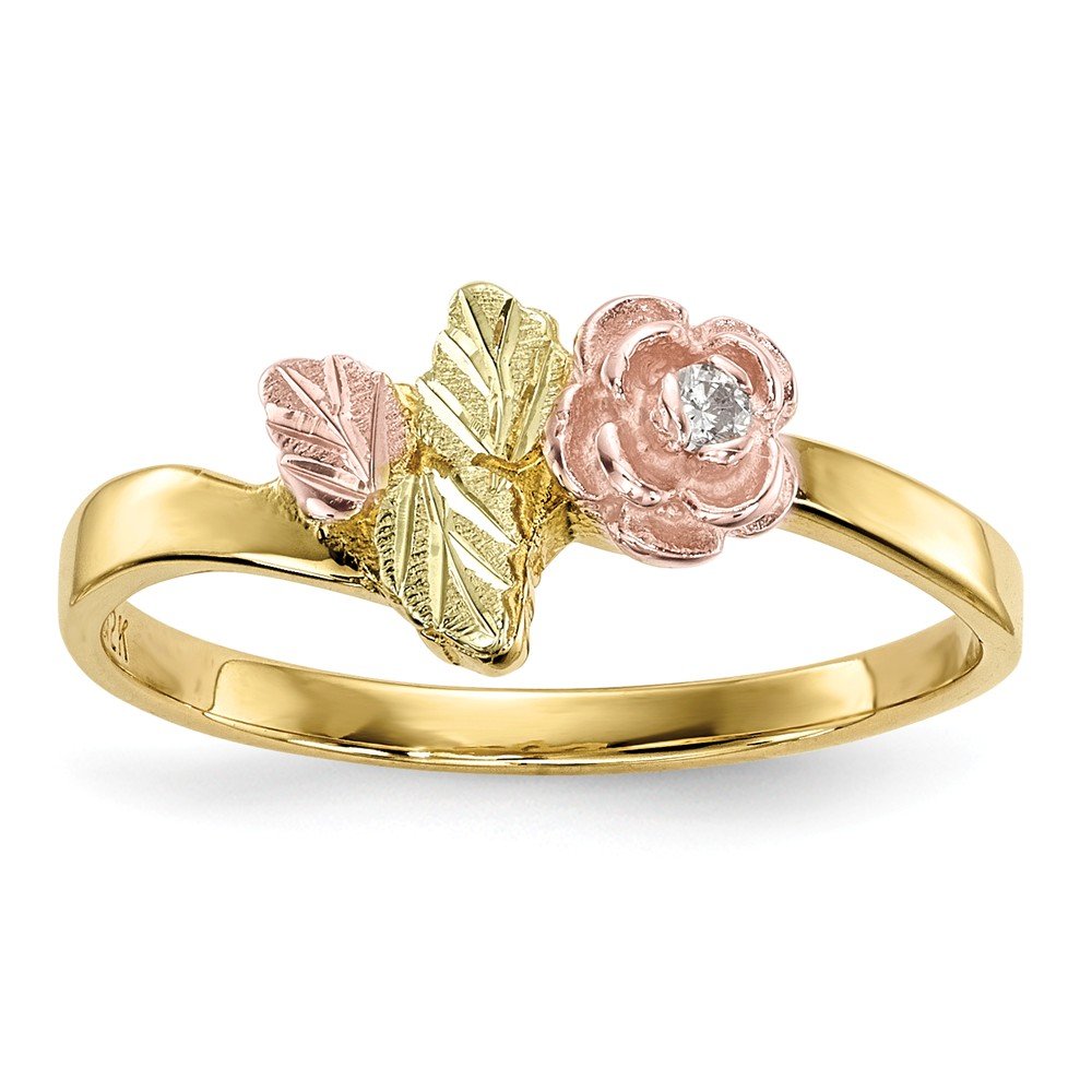 10K Yellow Gold Tri-Color Diamond Rose Ring Band for Women - 0.02 CTTW Solid Gold Stackable Ring - Perfect for Anniversary, Engagement, Wedding & Everyday Elegance