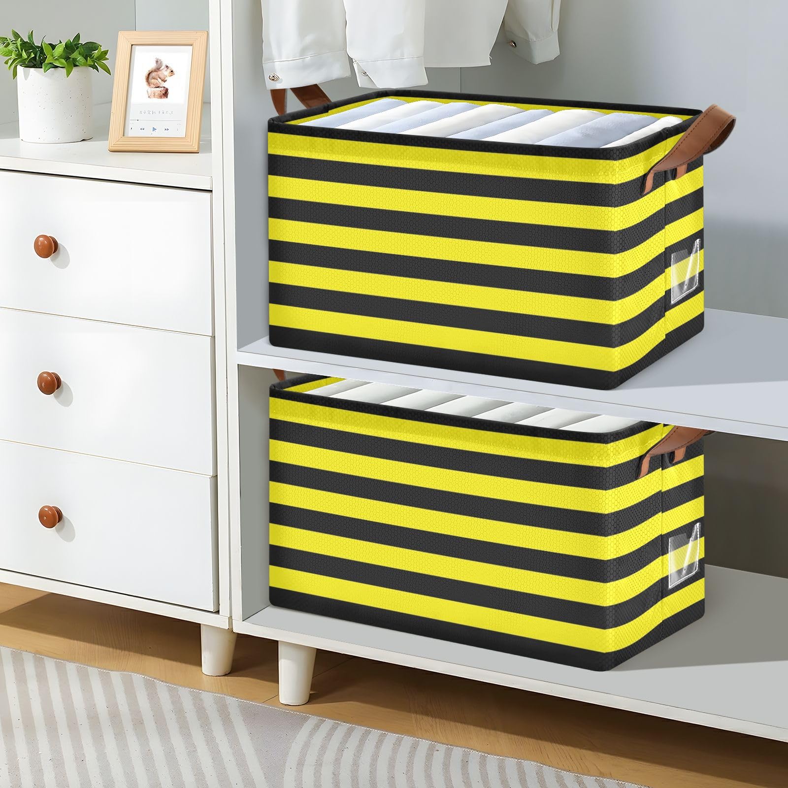 Yellow and Black Stripe Fabric Storage Baskets with Handles - 2 Pack Large Decorative Cube Bins for Closet, Shelf, Dresser Organization | Perfect for Bedroom, Nursery, and Living Room Storage Solutions
