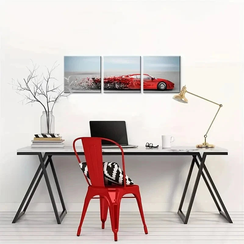 3-Piece Red Sports Car Modern Motion Blur Wall Art Set - Framed Canvas 40x60cm (16x24in) - High Quality Print - 100% Australian Made - Ready to Hang - Perfect for Living Room, Bedroom, or Office Decor