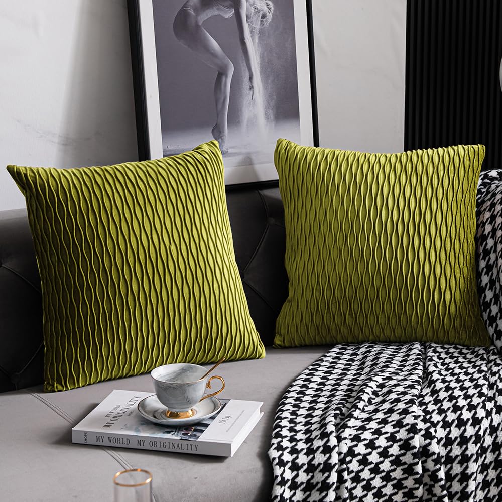 DEZENE 20x20 Inch Moss Green Velvet Throw Pillow Covers - 2 Pack Soft Striped Square Decorative Cushion Cases for Farmhouse Sofa, Couch, Bedroom & Living Room Decor