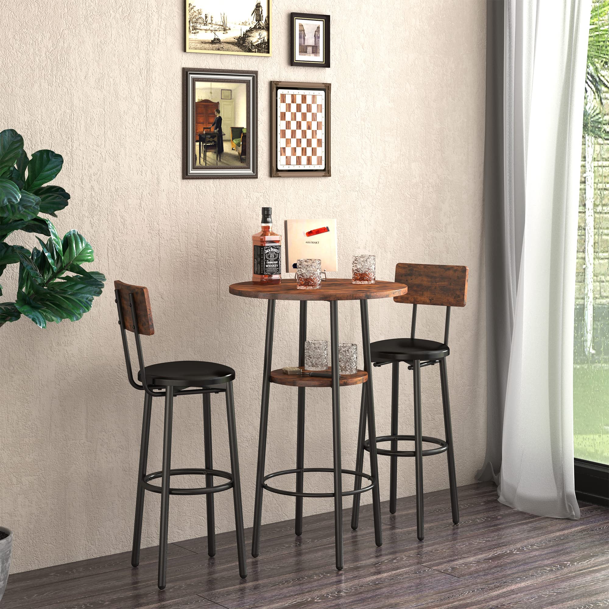 3-Piece Rustic Brown & Black Bar Table Set for 2 - 30