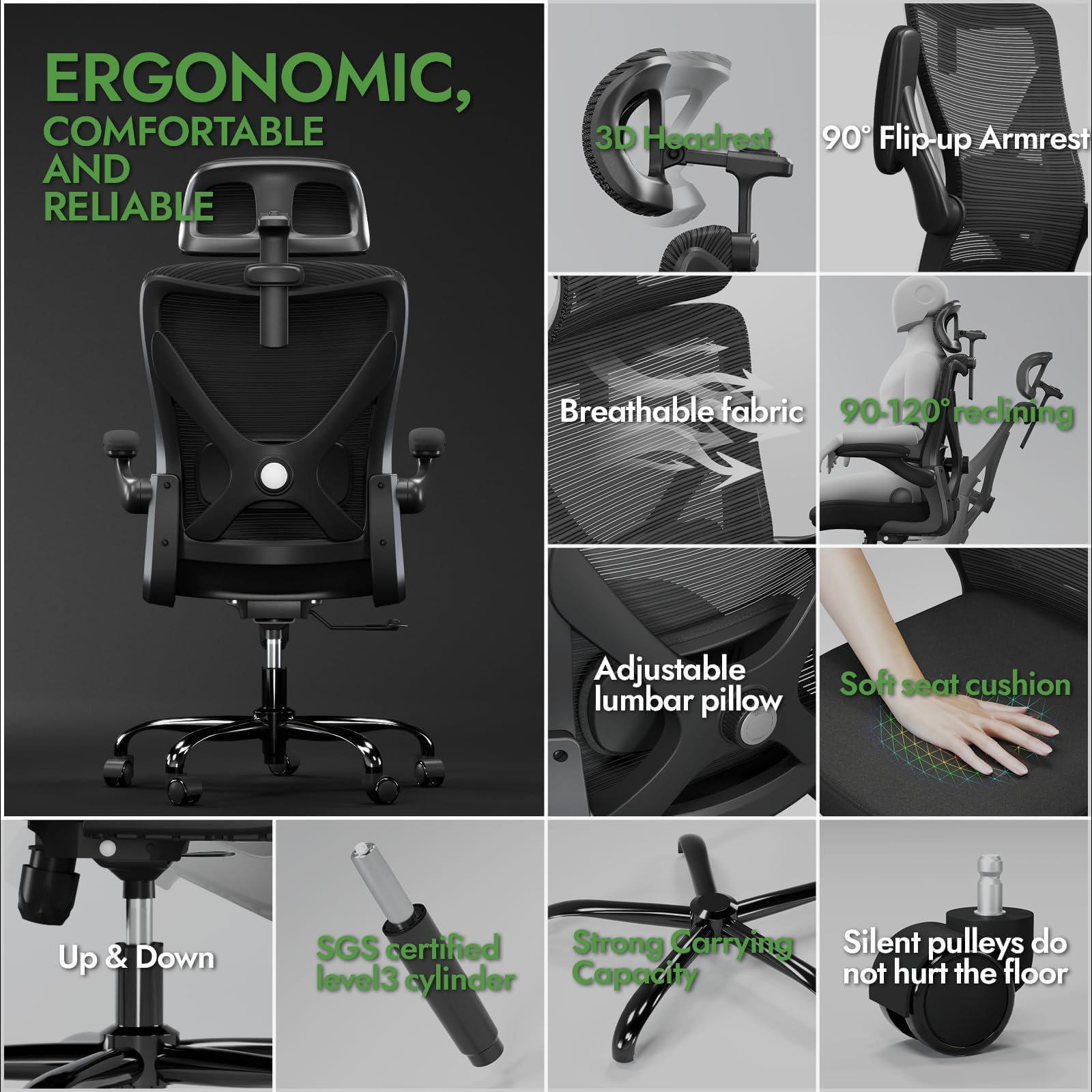 Ergonomic Office Chair with Lumbar Support & Headrest - Adjustable X-Shaped Computer Desk Chair for Home Office, Gaming & Work - Breathable Mesh Back, Comfortable Seat (Black) - Perfect for Long Hours Sitting, Online Meetings & PC Gaming