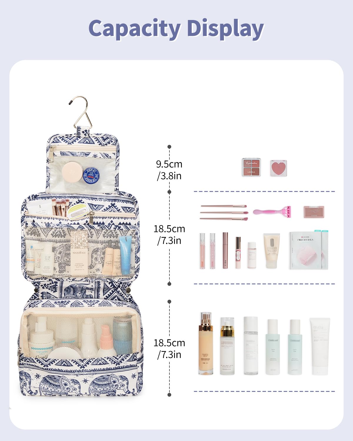 Waterproof Hanging Toiletry Bag for Women - Travel Cosmetic Organizer with Elephant Design | Perfect for Camping, Gym & Vacation Essentials Storage