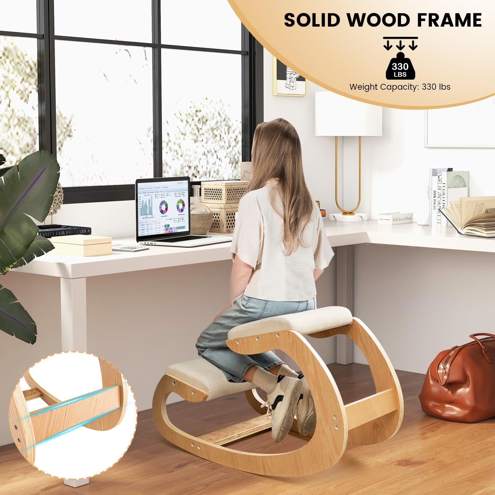 Giantex Ergonomic Kneeling Chair with Cushion - Solid Wood Posture Chair for Office, Home & Study - 330 lbs Weight Capacity - Comfortable Rocking Kneel Chair for Better Posture (White) - Perfect for Long Work Hours, Meditation & Back Pain Relief