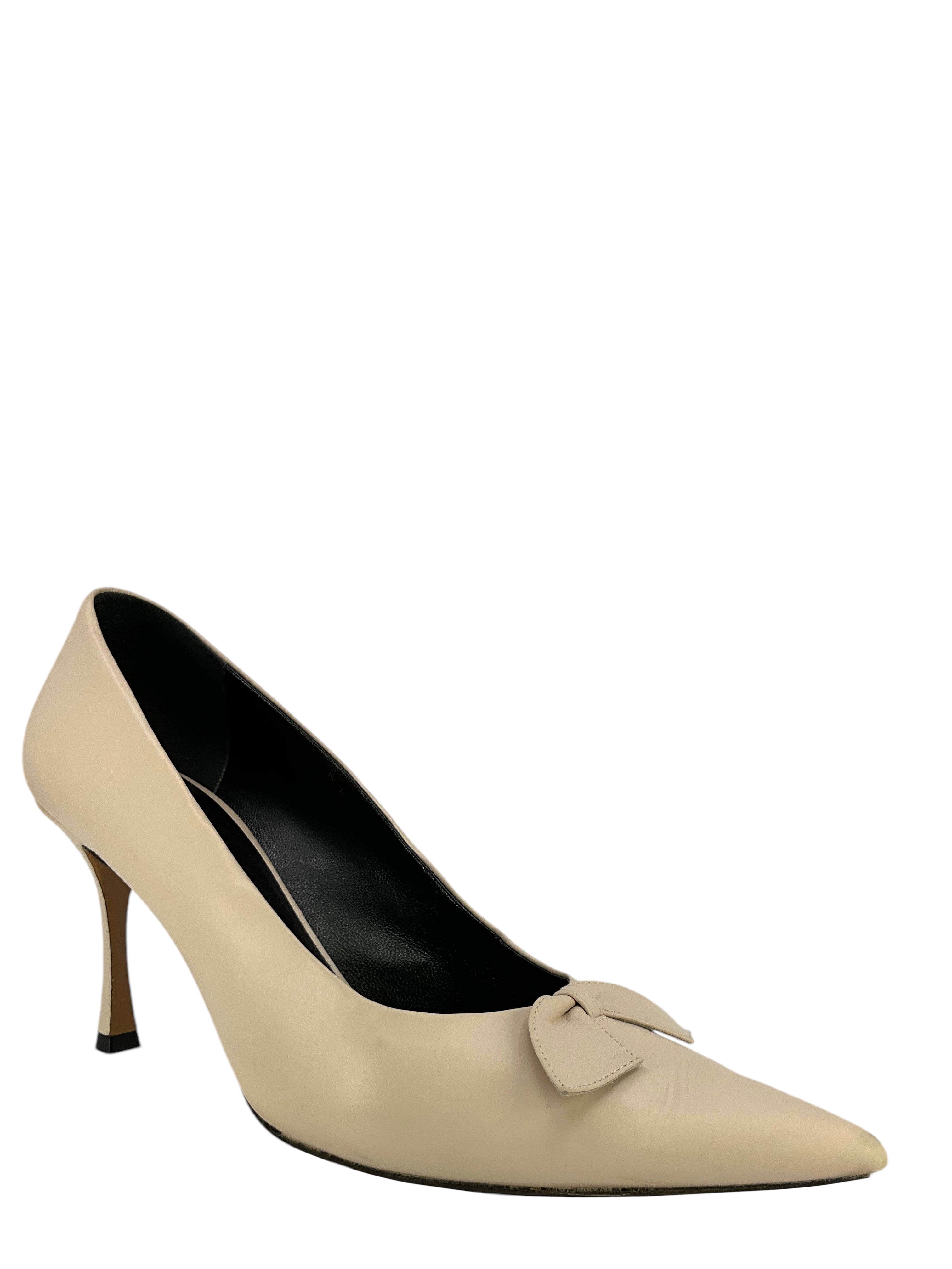 THE ROW Women's Bow Accent Leather Pumps - Size 7.5 US | Elegant Pointed Toe Heels for Wedding, Office & Special Occasions