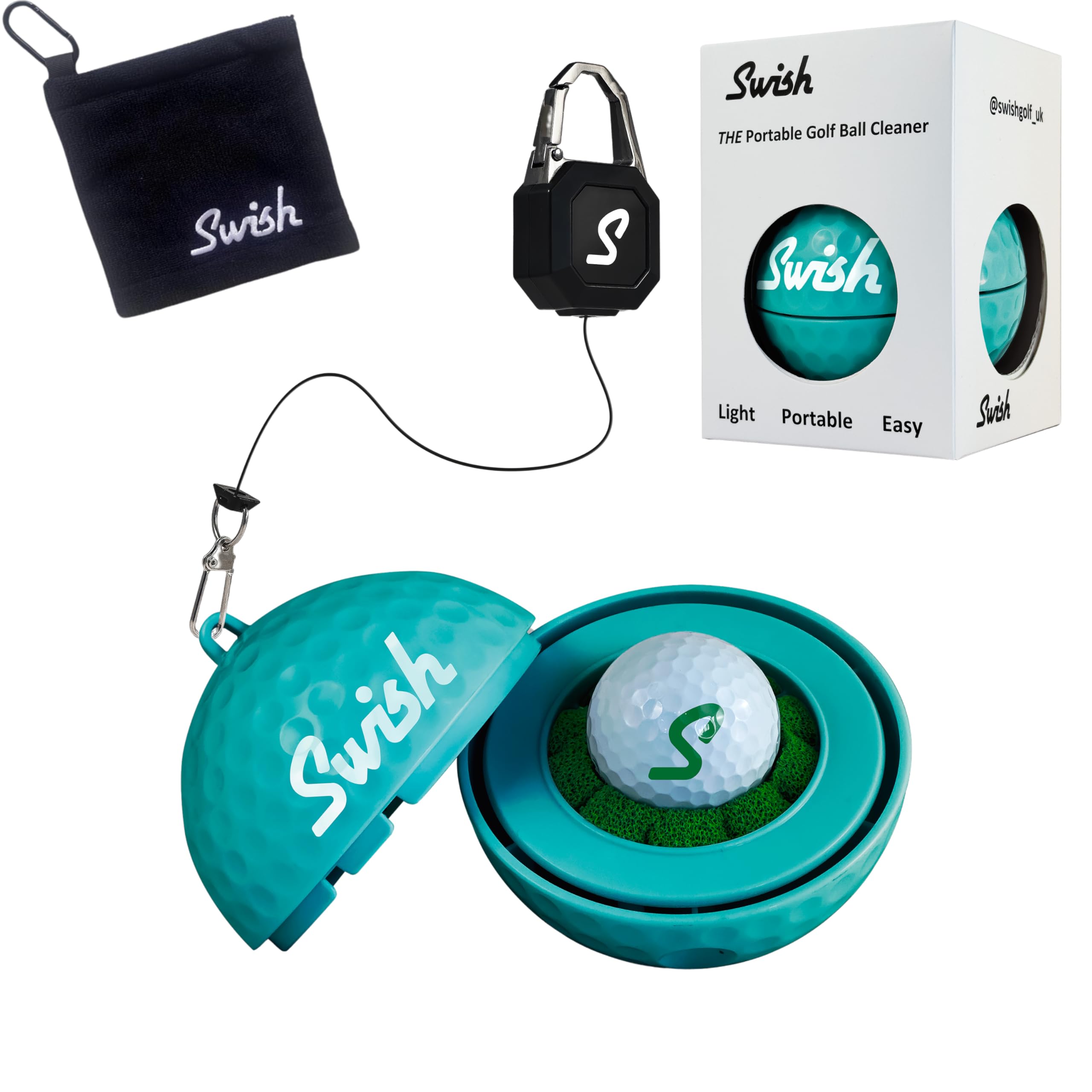 Swish Portable Golf Ball Cleaner – Clip-On Golf Accessory for Golf Bag or Cart – Best Golf Gift for Men & Women – Ideal for Driving Range & Course Play