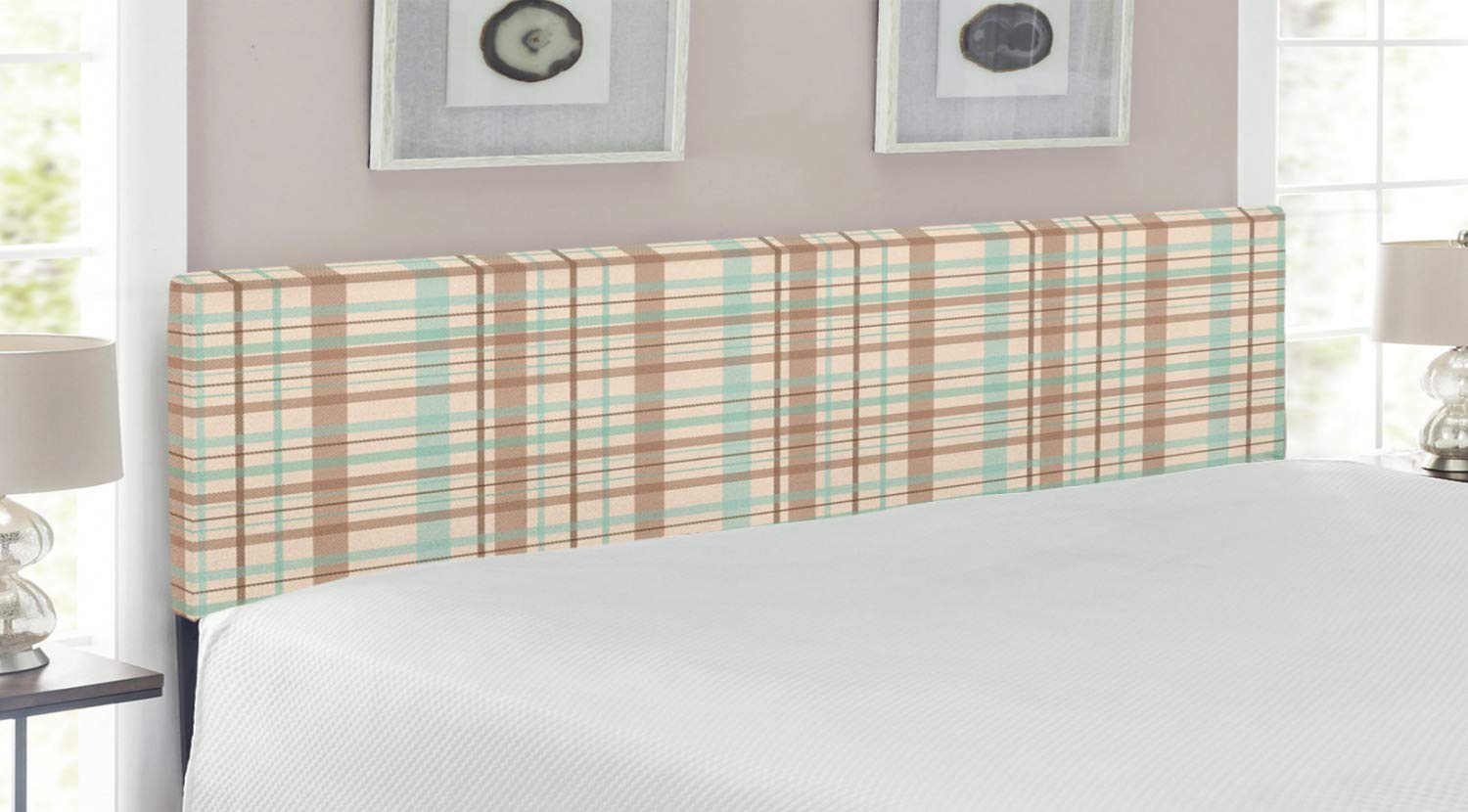Ambesonne Abstract Upholstered Headboard - Tartan Scottish Folk Design, King Size Metal Bed Frame with Memory Foam in Mint Green/Beige/Umber | Perfect for Master Bedroom, Guest Room & Modern Home Decor