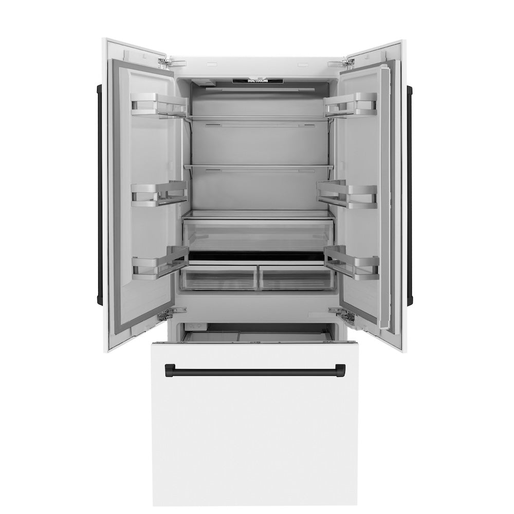 ZLINE Autograph Edition 36 Inch 19.6 cu ft French Door Built-In Bottom Freezer Refrigerator with Water Dispenser & Ice Maker - White Matte with Matte Black Accents (RBIVZ WM 36 MB) | Premium Kitchen Appliance for Modern Homes & Restaurants