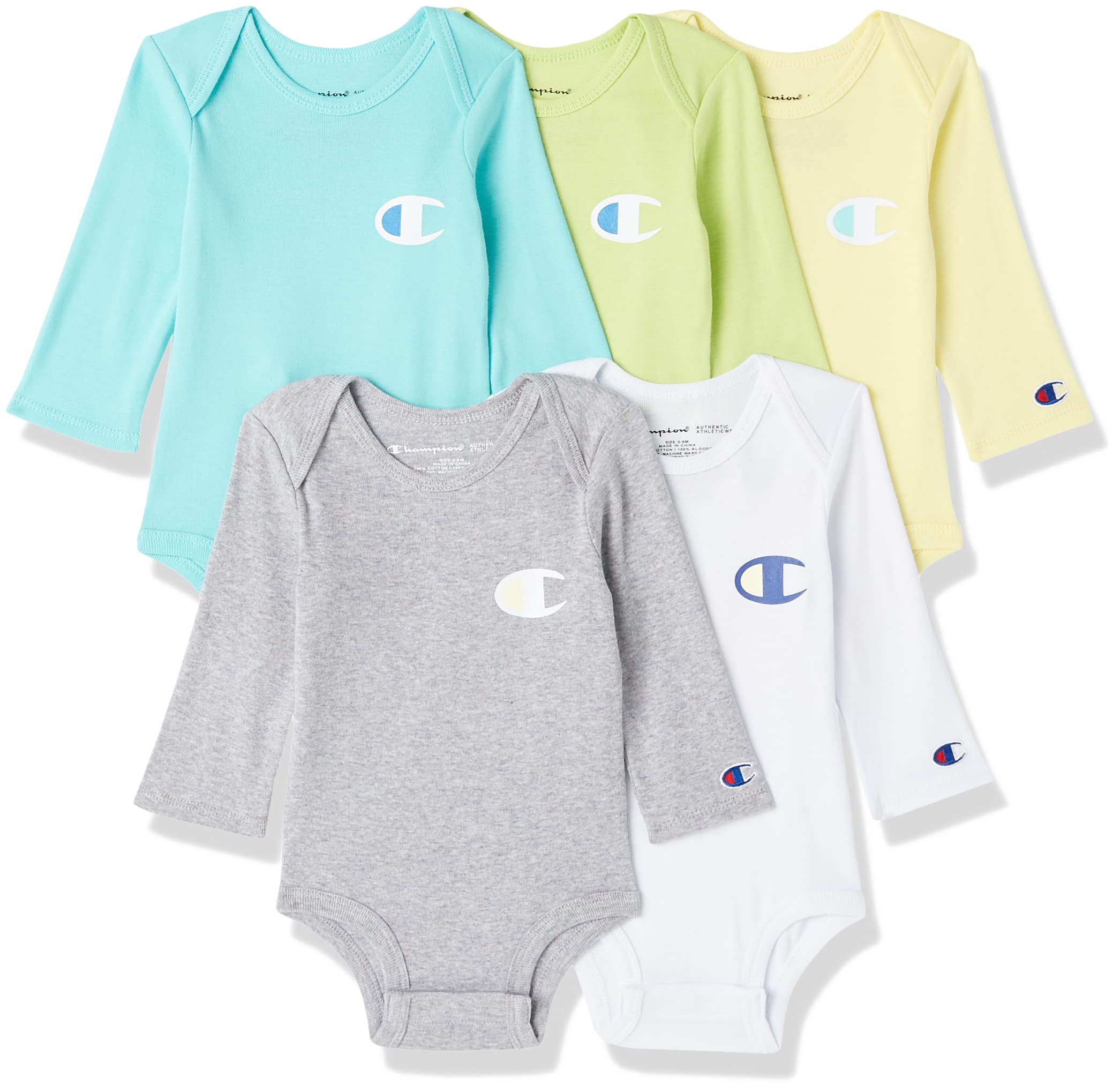 Champion 5-Pack Long Sleeve Baby Bodysuits - Gender Neutral Infant Clothes for 0-6 Months (Multiple Colors) - Soft & Comfortable for Everyday Wear, Playtime & Nursery Outfits