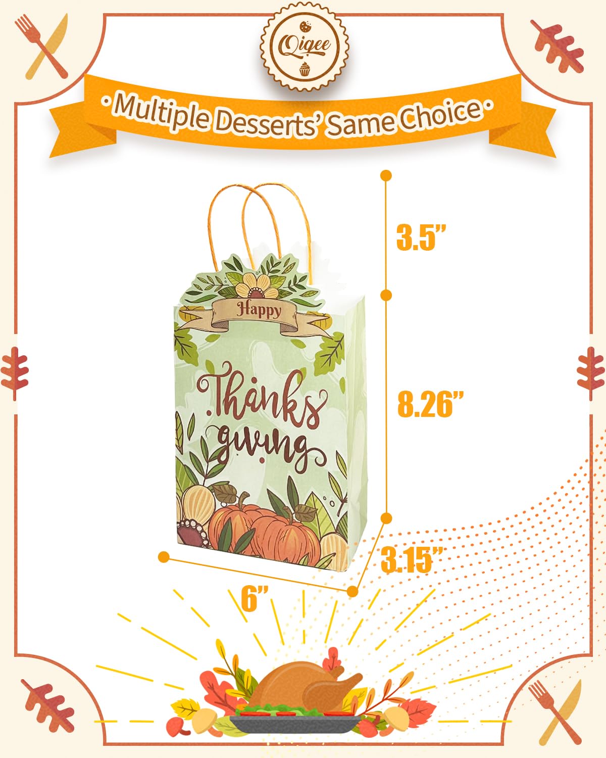 qiqee 24-Pack Thanksgiving Paper Gift Bags with Handles - 8.26×6×3.15 Inch Small Pumpkin Themed Gift Bags for Party Favors, Holiday Treats & Gift Wrapping (Bulk Pack)