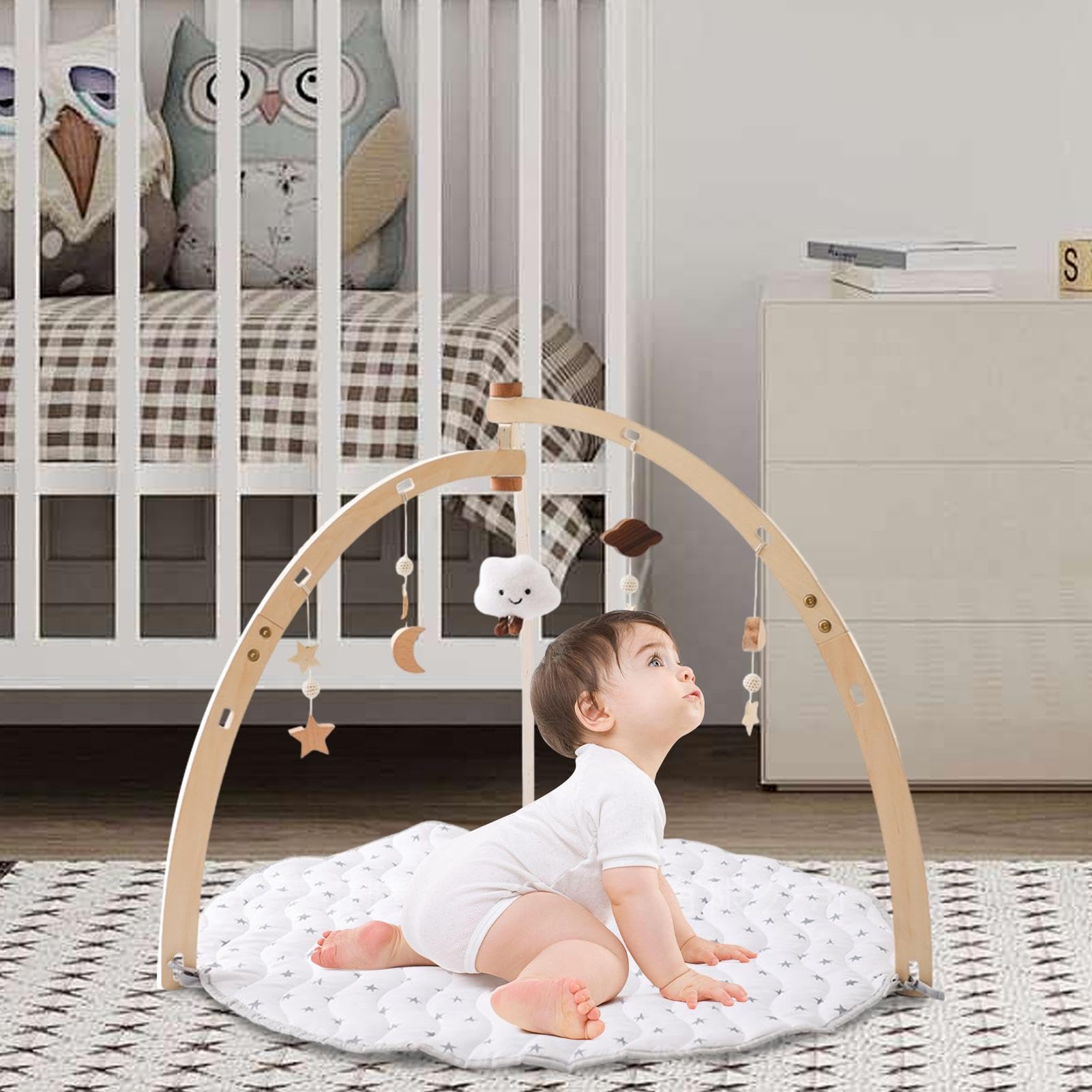 Wooden Baby Play Gym - Interactive Activity Center with Sensory Toys & Soft Mat for Infants & Toddlers | Montessori Learning, Tummy Time, Early Development Play Set