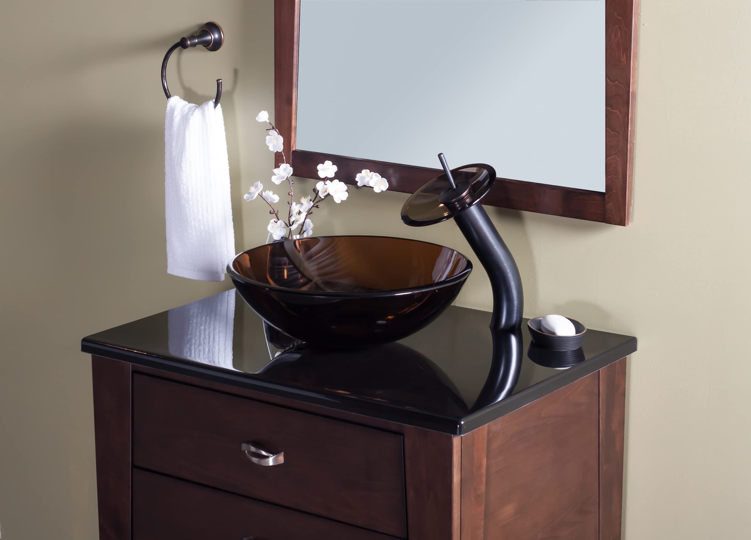 Novatto TY Glass Brown Vessel Bathroom Sink - Modern Above Counter Vanity Basin for Powder Room & Master Bath Decor