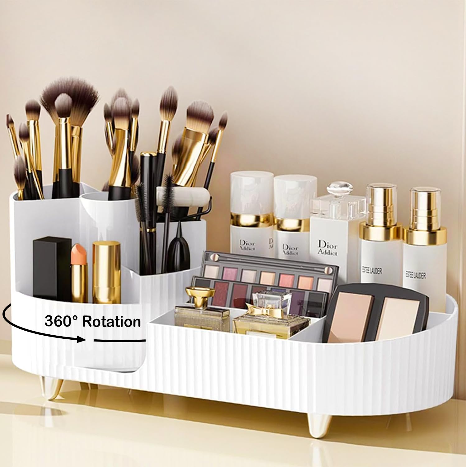 Rotating Makeup Organizer with Brush Holder - Large Spinning Cosmetic & Skincare Storage for Vanity Countertop - Perfect for Perfume, Lotions, and Beauty Products Display (White) - Ideal for Bedroom, Bathroom, and Dressing Room Organization