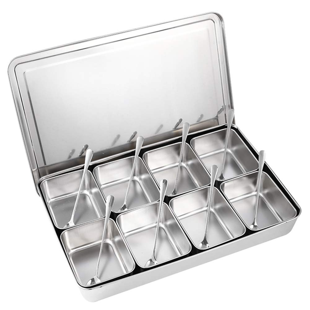 8-Grid Stainless Steel Seasoning Box - Silver Spice Storage Container with Lid | Perfect for Kitchen Organization, Cooking & BBQ Seasoning | Durable Condiment Jar for Salt, Pepper & Spices