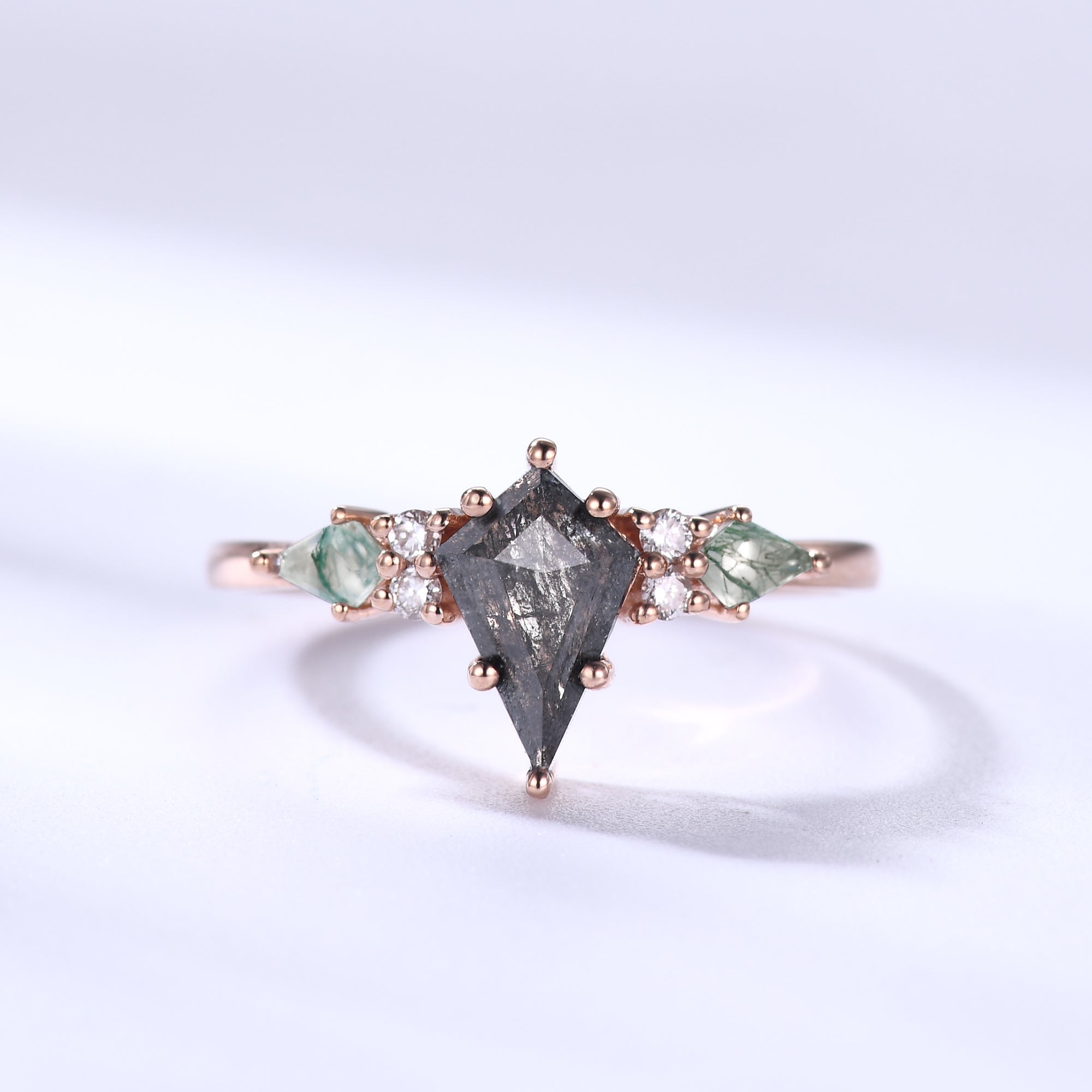 Vintage Kite-Shaped Salt and Pepper Diamond Engagement Ring with Moss Agate Cluster in Rose Gold | Unique Handcrafted Wedding Band for Brides, Promise Rings & Anniversary Gifts