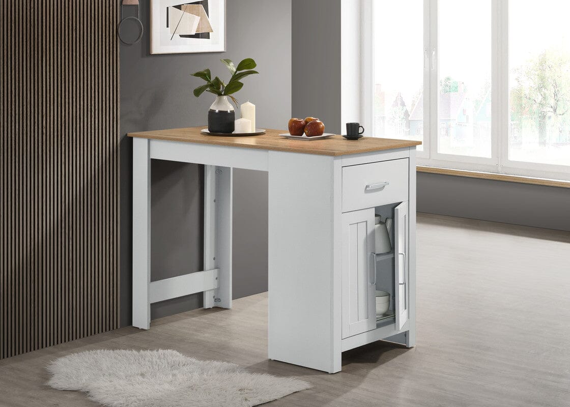 Alonzo 47W Small Space Dining Table Set - Oak & White Finish Counter Height Table with Storage Cabinet & Drawer + 2 Ergonomic Stools - Perfect for Breakfast Nooks, Tiny Apartments & Cozy Kitchenettes